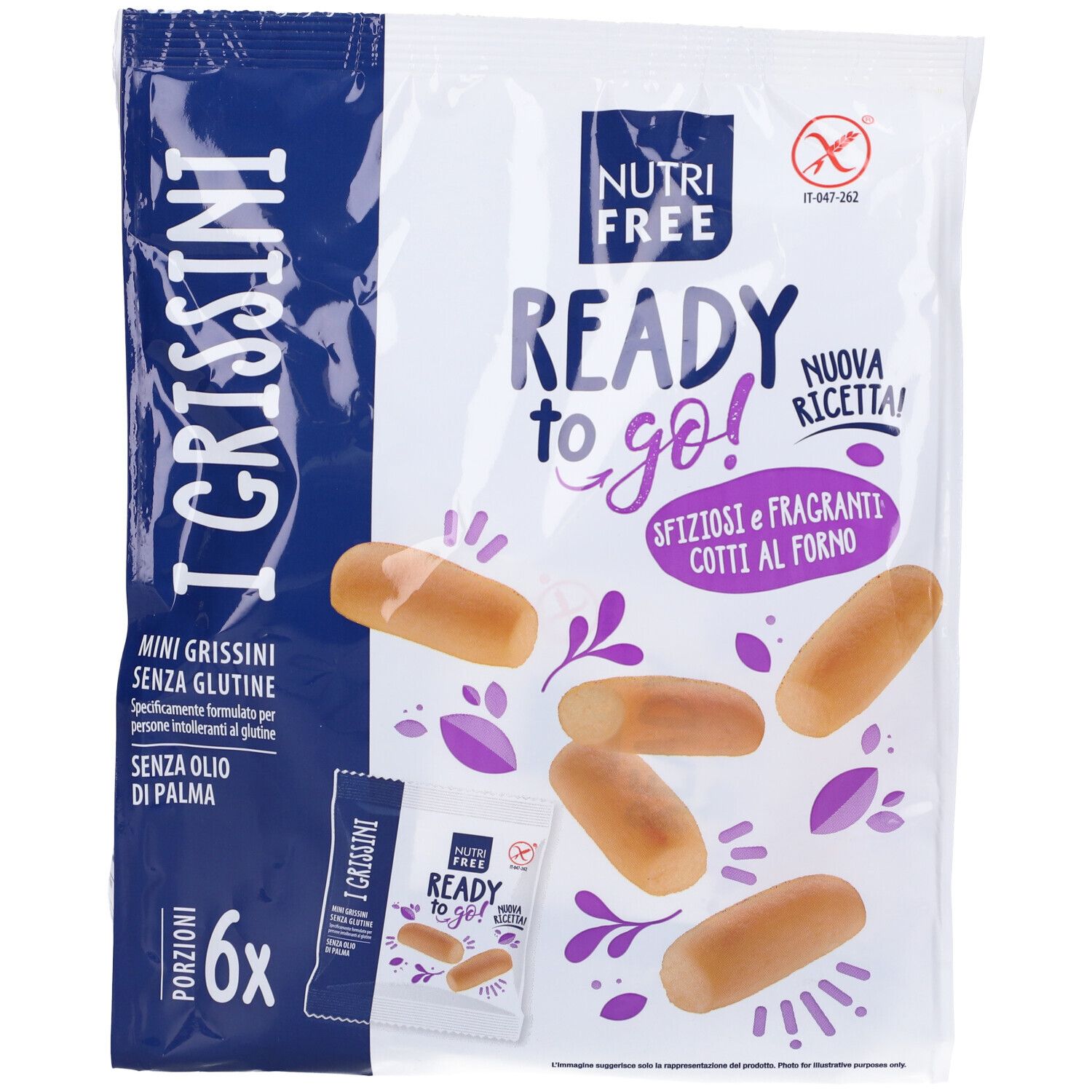 Confezione di Mini Grissini Nutrifree. Scritta: I Grissini, senza glutine, senza olio di palma. Porzioni singole.