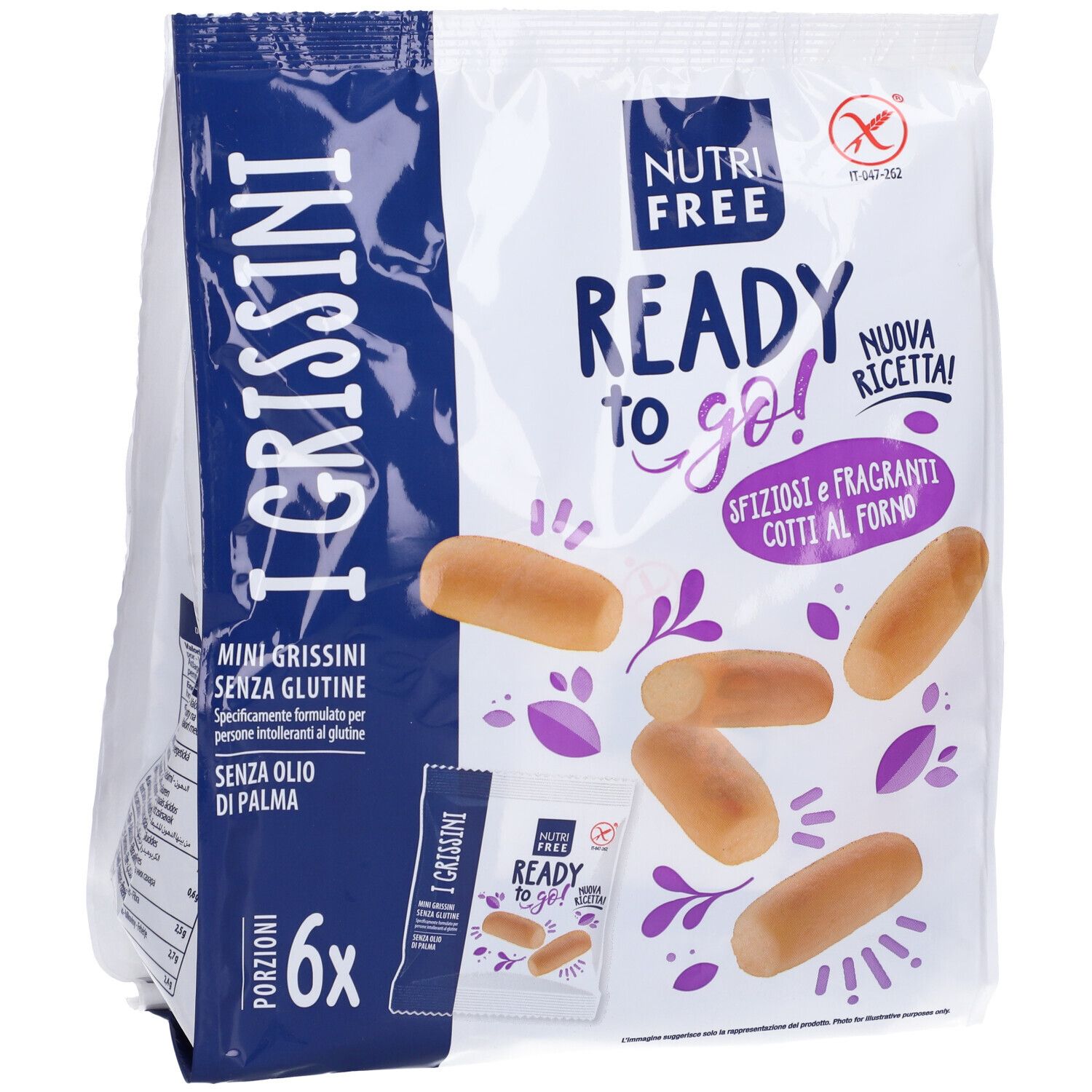 Confezione di Mini Grissini Nutrifree. Scritta: I Grissini, senza glutine, senza olio di palma. Porzioni singole.