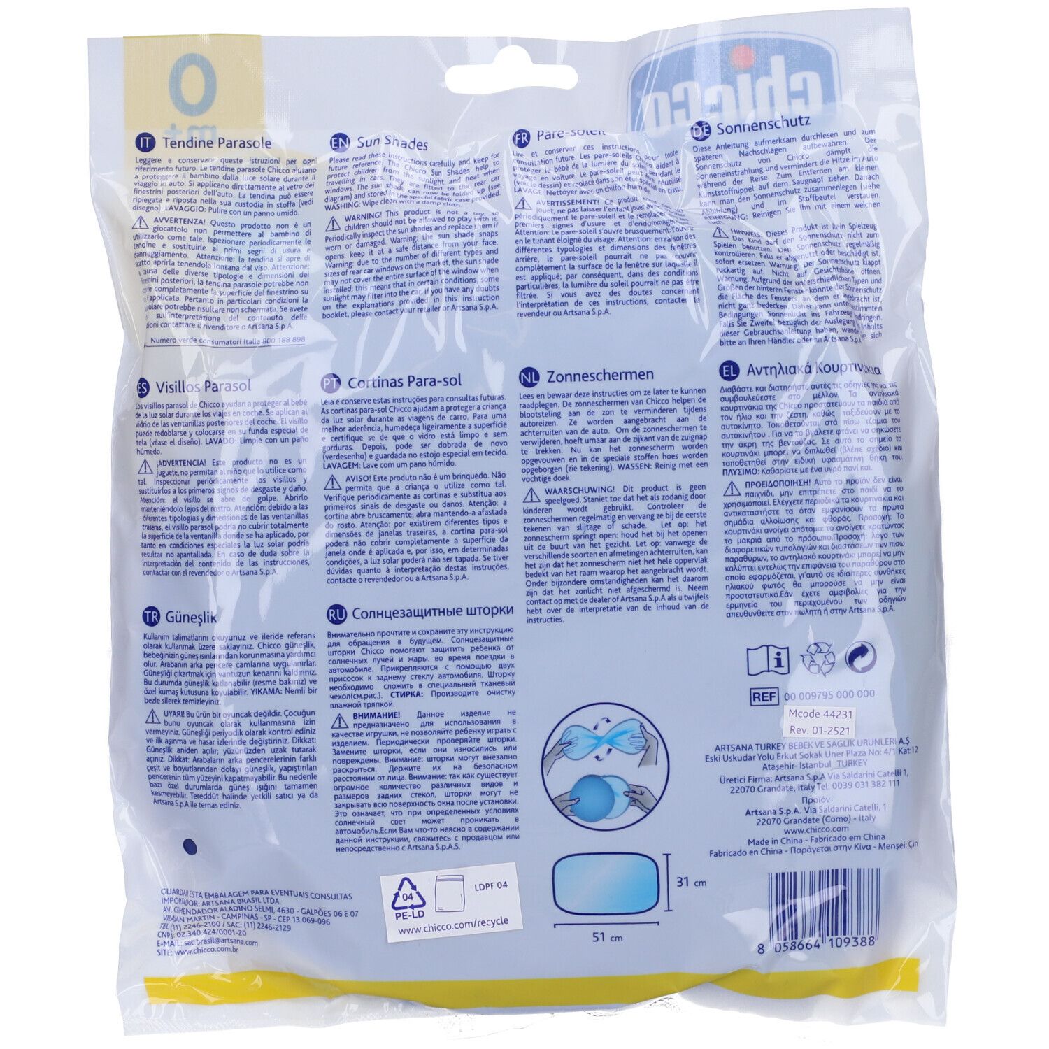 Chicco Tendine Parasole. Confezione con informazioni sul prodotto. Dimensioni: 31 x 51 cm. Retro con testo e pittogrammi.