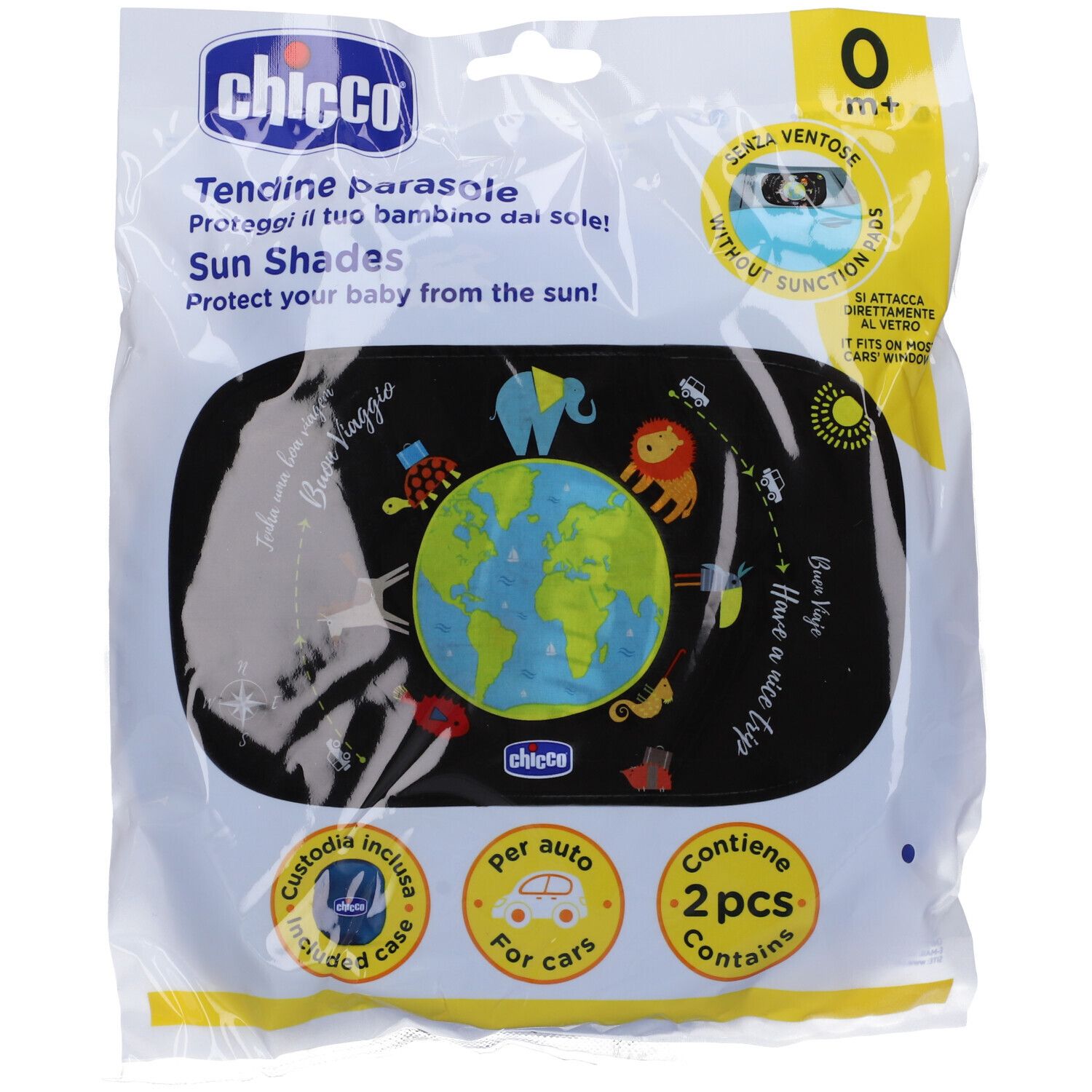 Parasole Chicco. Parasole nero con mappa del mondo e illustrazioni di animali. Confezionato in plastica. Contiene 2 pezzi.