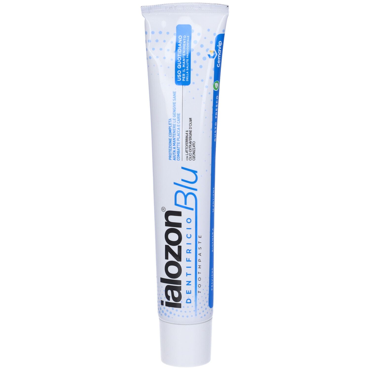 Tubo di dentifricio Ialozon Blu. Bianco, blu e azzurro. Scritta Ialozon Blu, Dentifricio Toothpaste. Con tappo a vite.