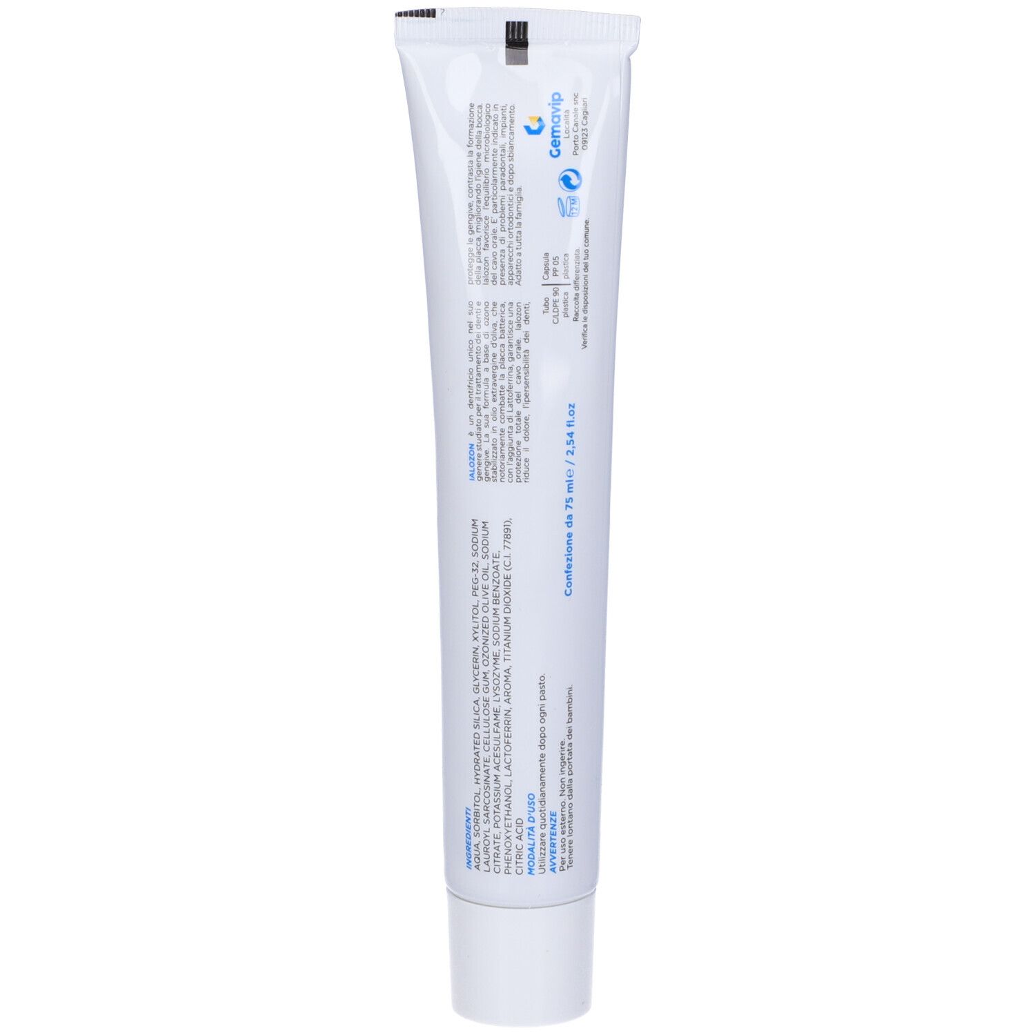 Retro del tubetto di dentifricio Ialozon Blu. Bianco con testi blu e neri. Ingredienti e informazioni del produttore.