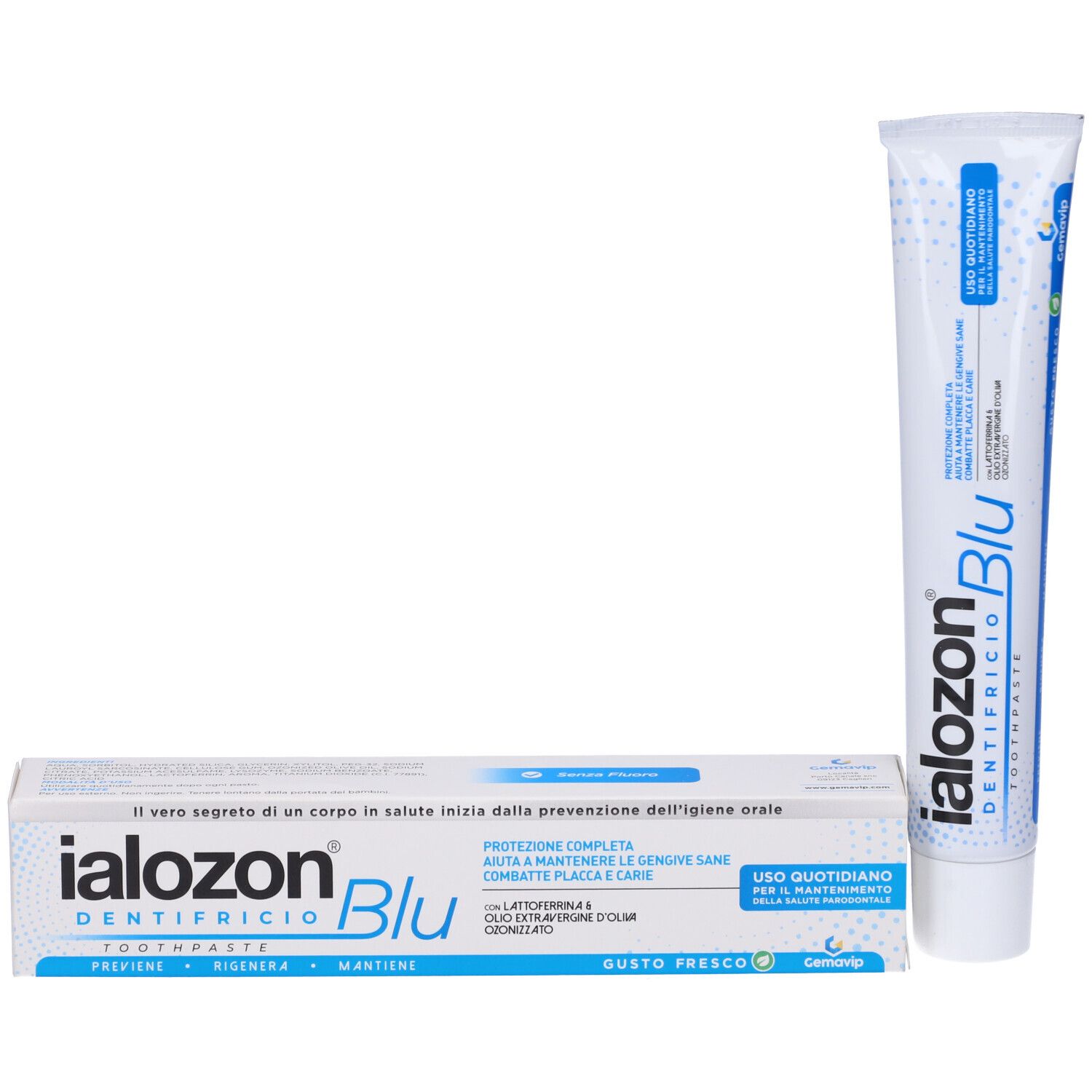 Dentifricio Ialozon Blu e scatola. Tubo e scatola bianchi e blu. Scritta Ialozon Blu, Dentifricio Toothpaste.