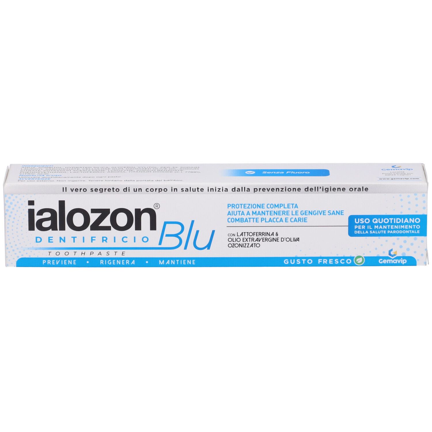 Scatola di dentifricio Ialozon Blu. Bianca e blu. Scritta Ialozon Blu, Dentifricio Toothpaste. Testo sull'igiene orale.