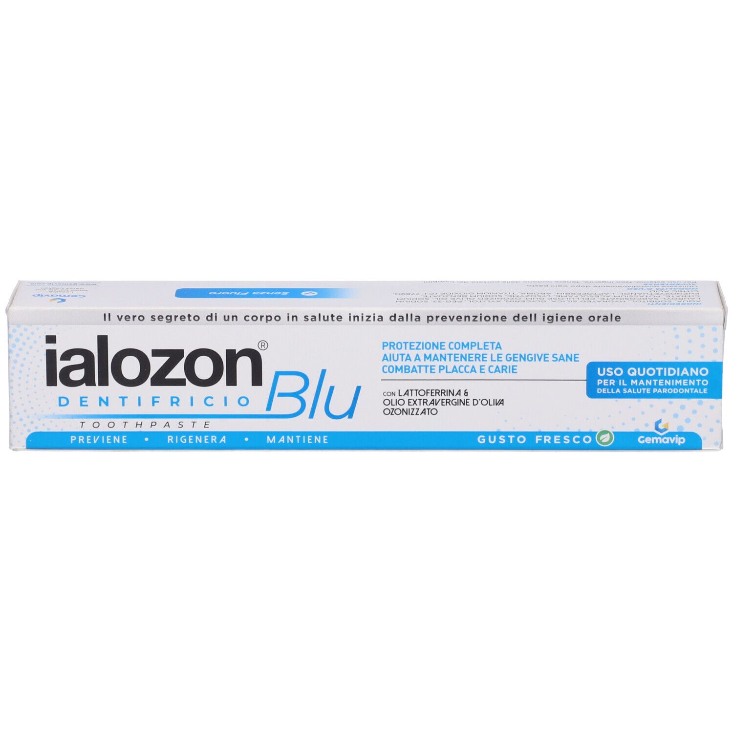 Scatola di dentifricio Ialozon Blu. Bianca e blu. Scritta Ialozon Blu, Dentifricio Toothpaste. Testo sull'igiene orale.