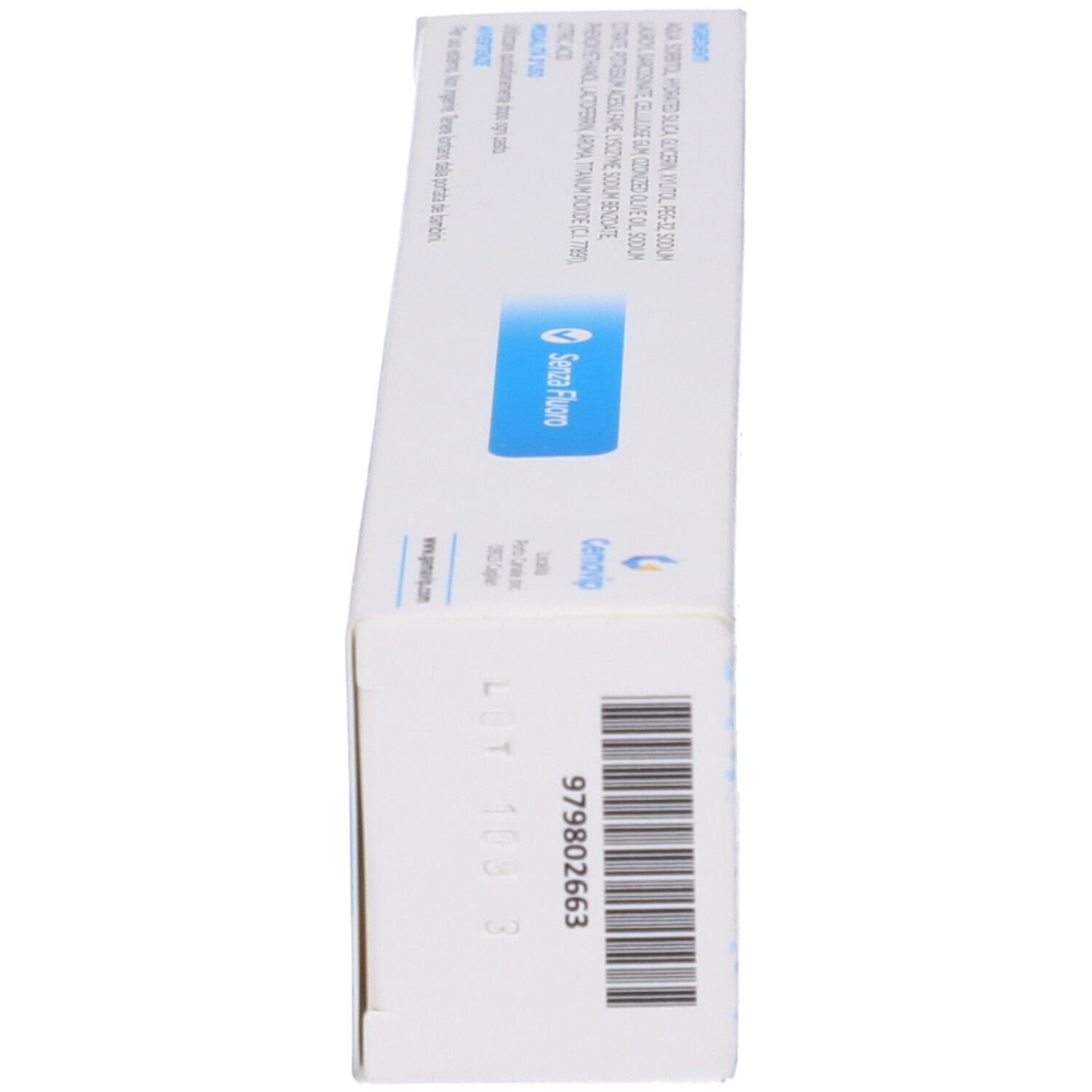 Scatola di dentifricio Ialozon Blu. Vista laterale. Testo: 'Senza Fluoro'. Codice a barre e numero di lotto.