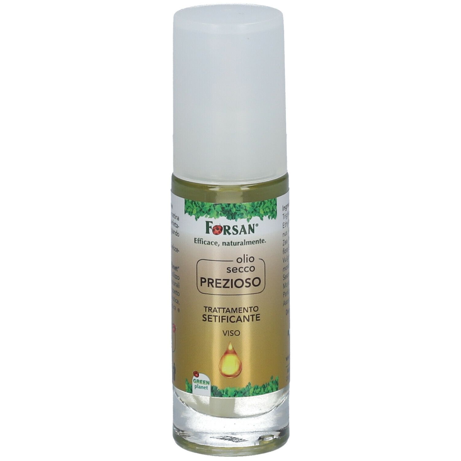 Flacone trasparente con tappo bianco. Etichetta con FORSAN® e nome del prodotto. Testo: Olio Secco Prezioso, Trattamento Setificante Viso.