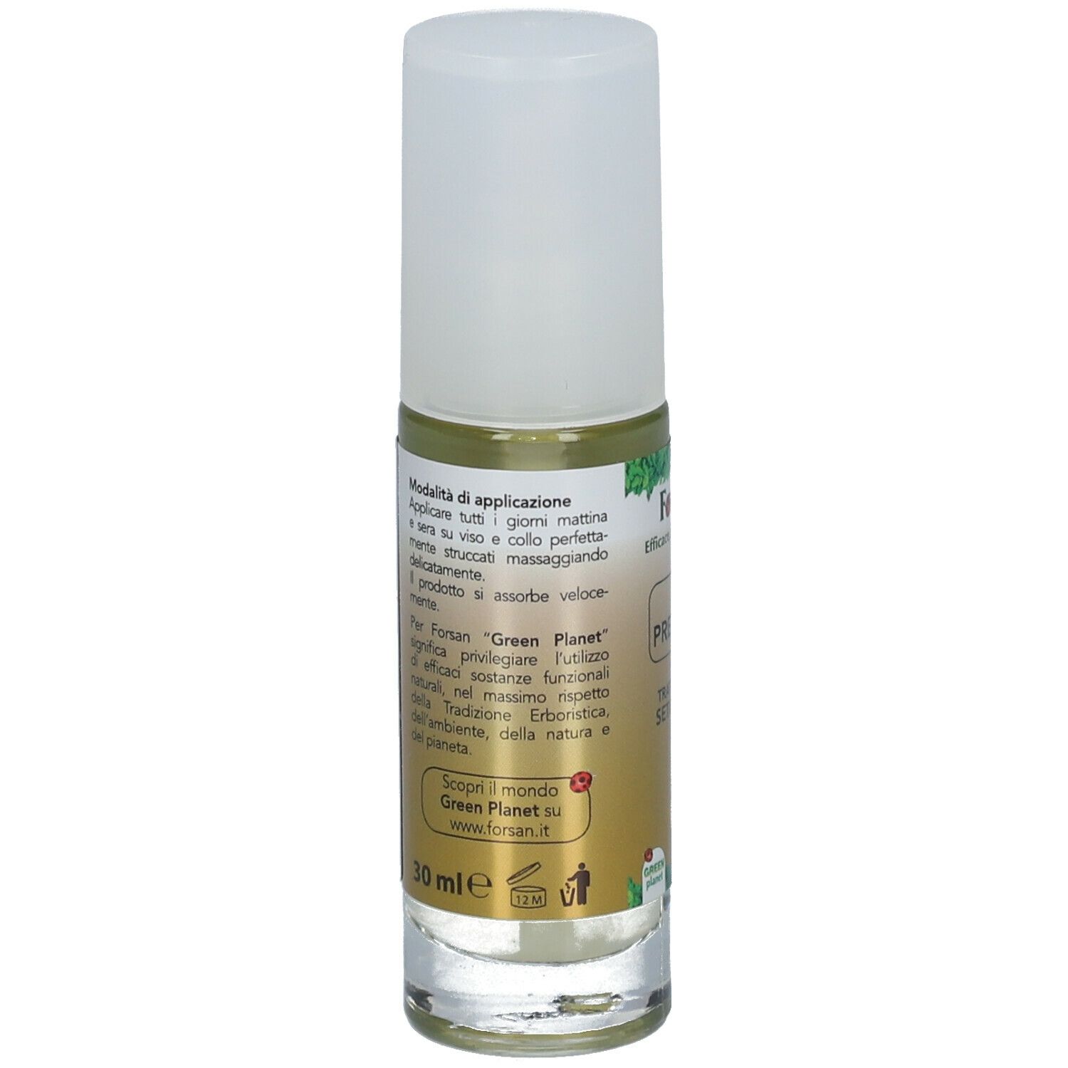 Retro del flacone. Testo: Modalità d'applicazione, FORSAN® Green Planet, 30 ml. Immagine: goccia e simbolo di riciclo.