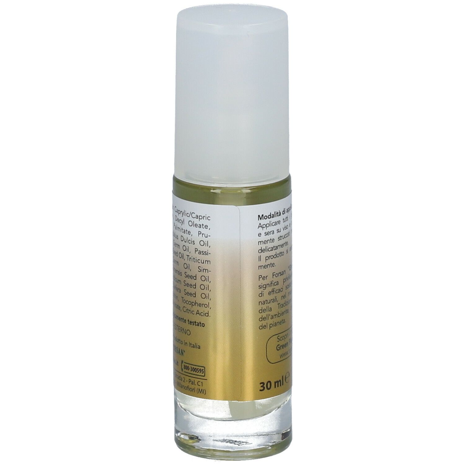 Retro del flacone. Testo: Ingredienti, 30 ml. Logo: Green Planet. Certificazione: ISO 9001.