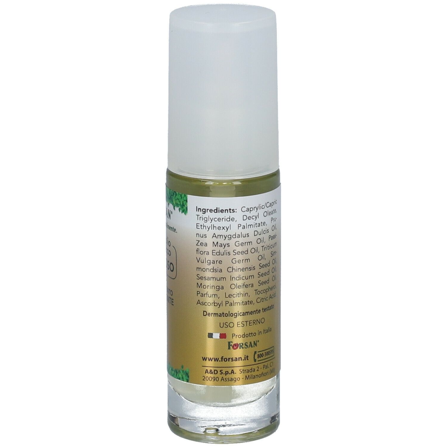 Retro del flacone. Testo: Ingredienti, contatti FORSAN®, Dermatologicamente testato. Logo: Green Planet.