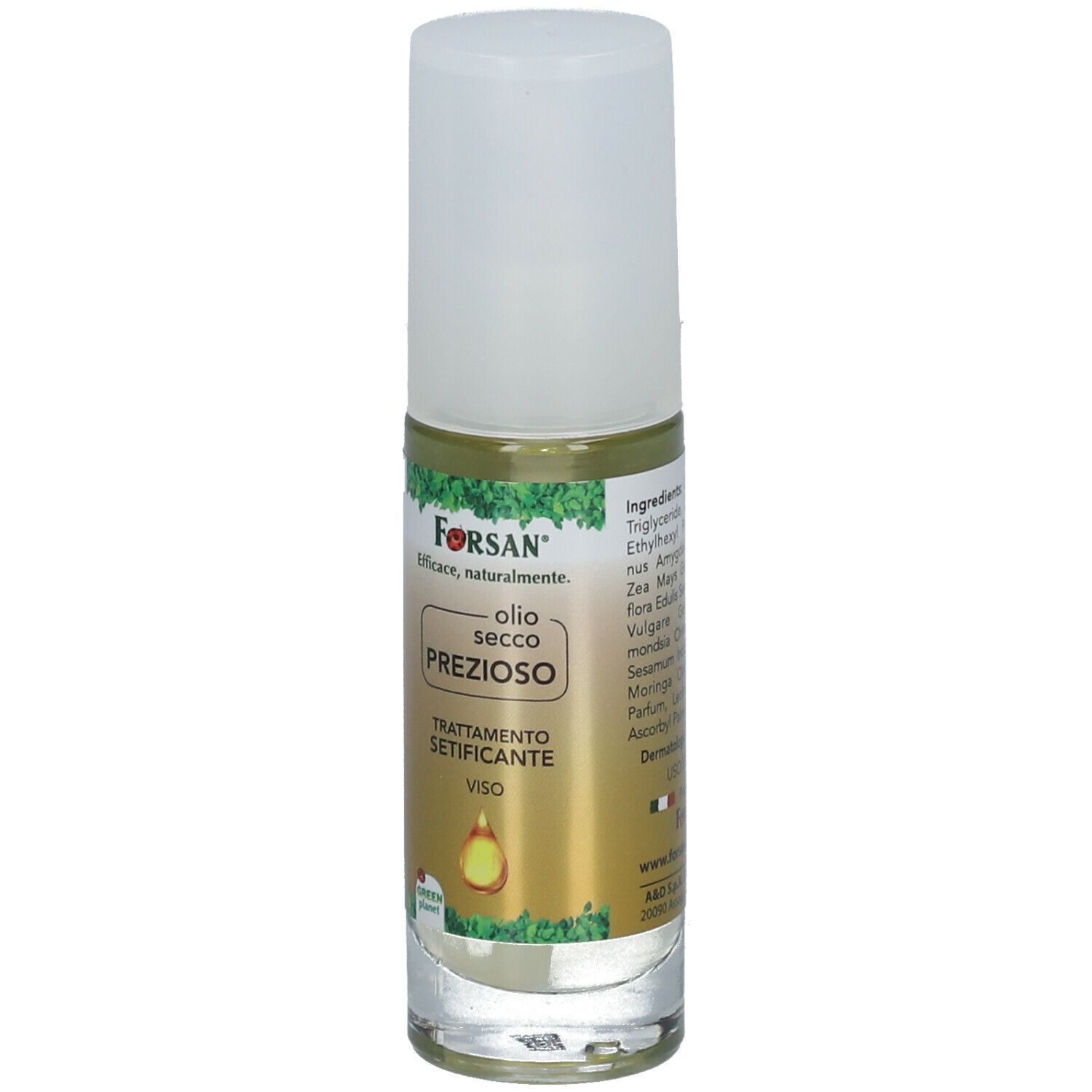 Flacone trasparente con tappo bianco. Etichetta con FORSAN® e nome del prodotto. Testo: Olio Secco Prezioso, Trattamento Setificante Viso.