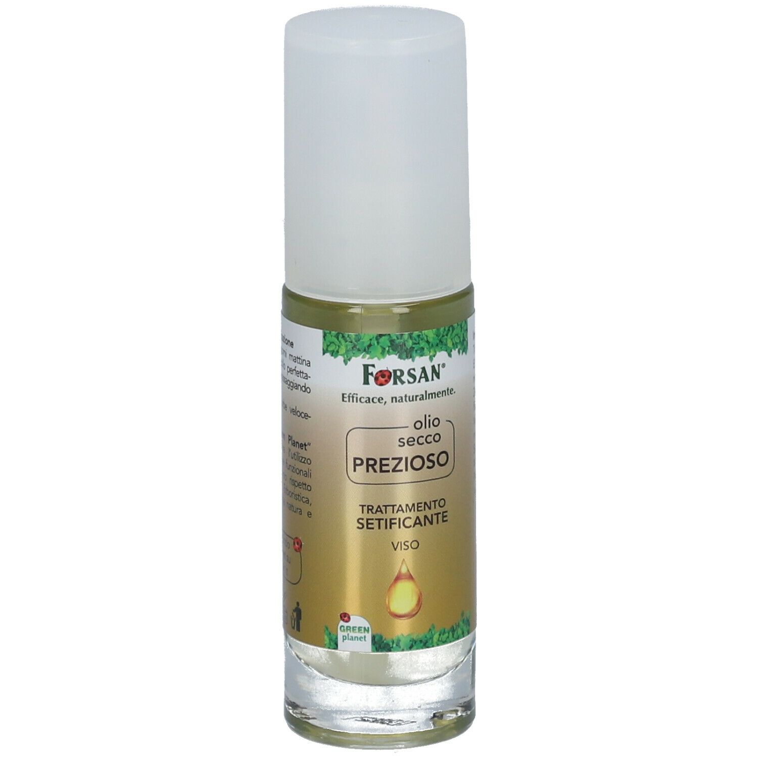 Flacone trasparente con tappo bianco. Etichetta con FORSAN® e nome del prodotto. Testo: Olio Secco Prezioso, Trattamento Setificante Viso.
