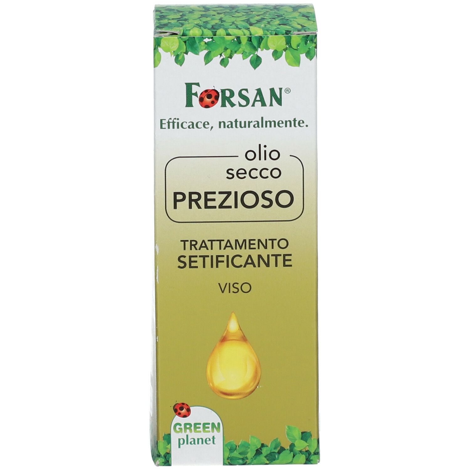 Confezione con logo FORSAN® e nome del prodotto. Testo: Olio Secco Prezioso, Trattamento Setificante Viso. Logo: Green Planet.