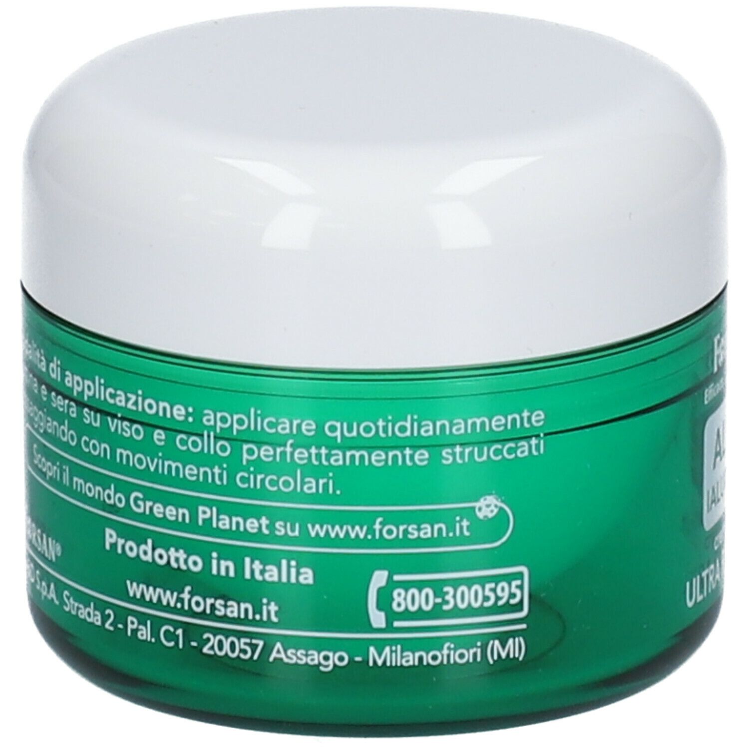 Retro di un vaso di crema verde con coperchio bianco. Testo: FORSAN, www.forsan.it, numero di telefono. Prodotto in Italia.