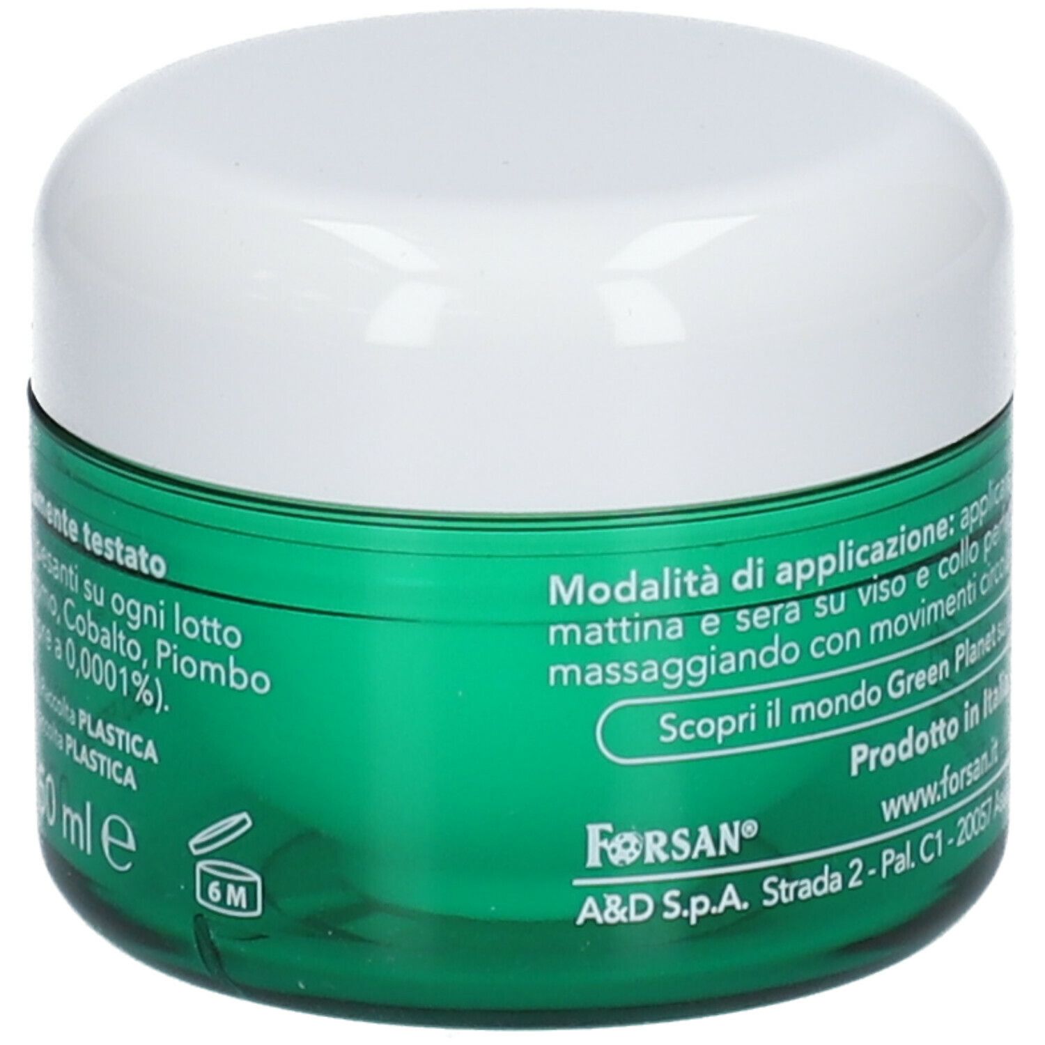 Retro di un vaso di crema verde con coperchio bianco. Testo: Modalità d'uso, www.forsan.it, 50 ml, simbolo 6M.