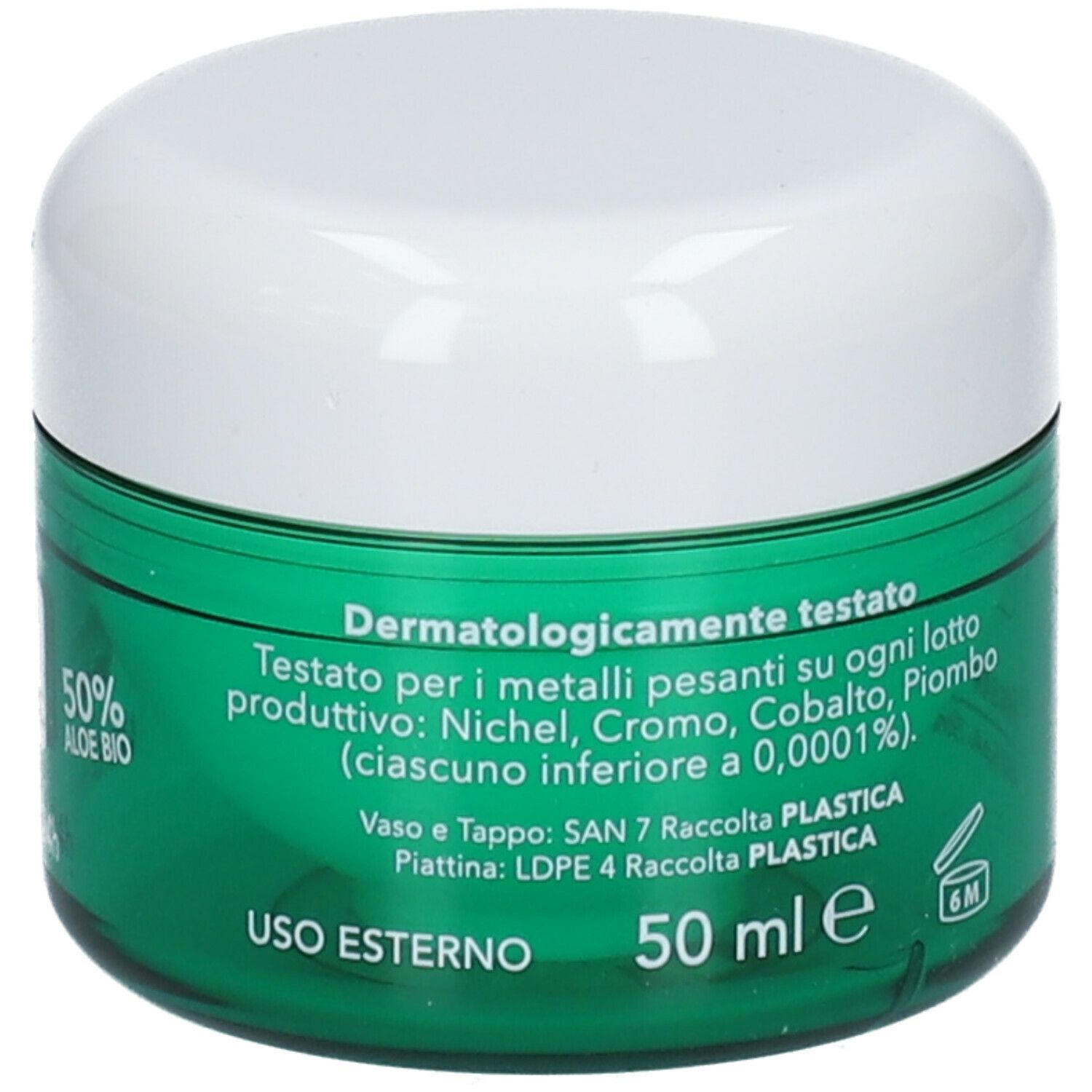 Vaso di crema verde con coperchio bianco. Testo: Dermatologicamente testato, 50 ml, simbolo 6M. Ingredienti: Nichel, Cromo, Cobalto, Piombo.