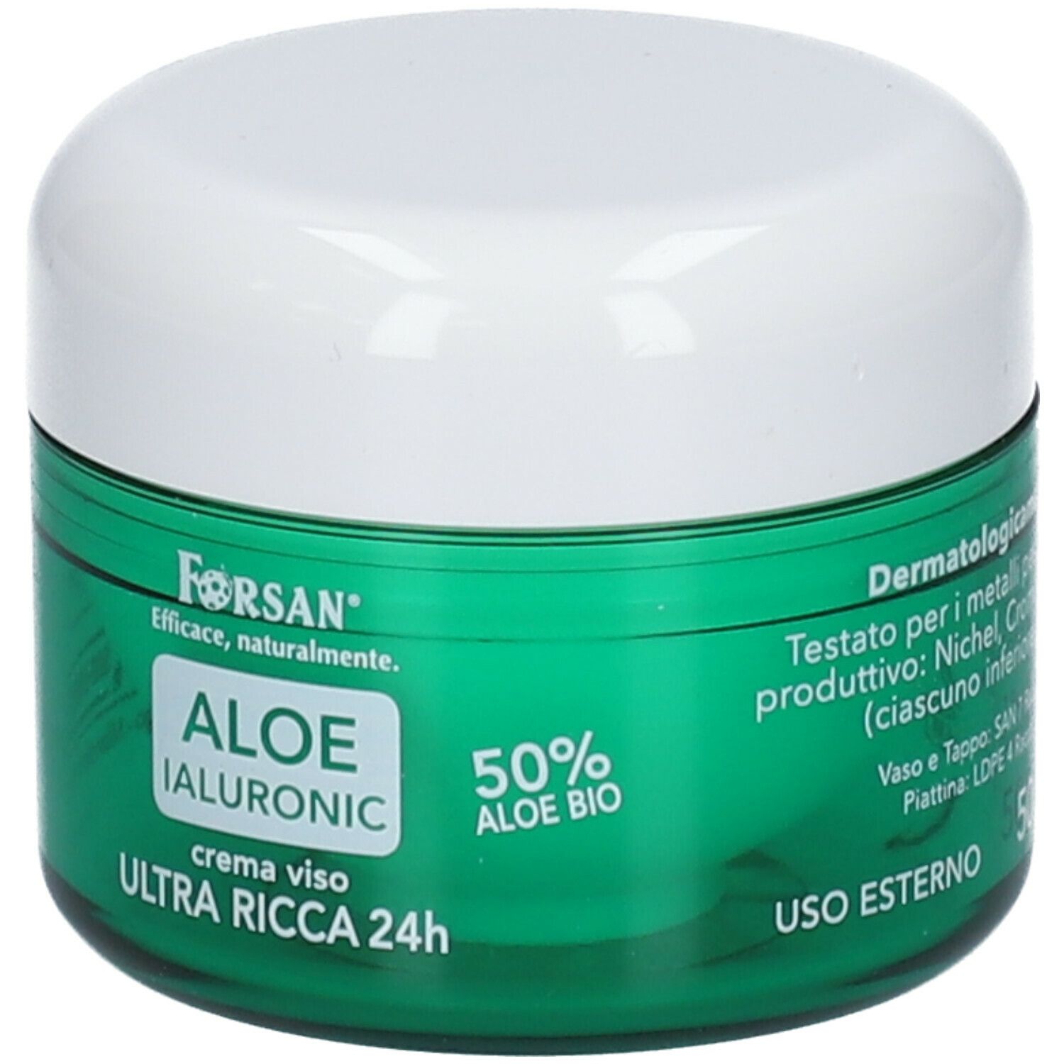 Vaso di crema verde con coperchio bianco. Scritta: FORSAN Aloe Ialuronic Crema Viso Ultra Ricca 24h. 50% Aloe Bio.