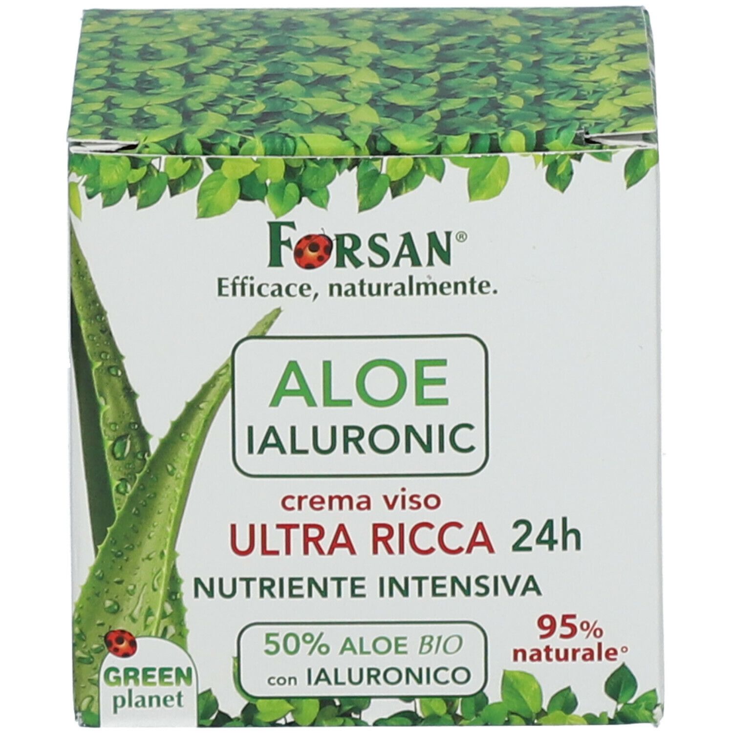 Confezione con scritta: FORSAN Aloe Ialuronic Crema Viso Ultra Ricca 24h. 50% Aloe Bio con Ialuronico, 95% naturale.