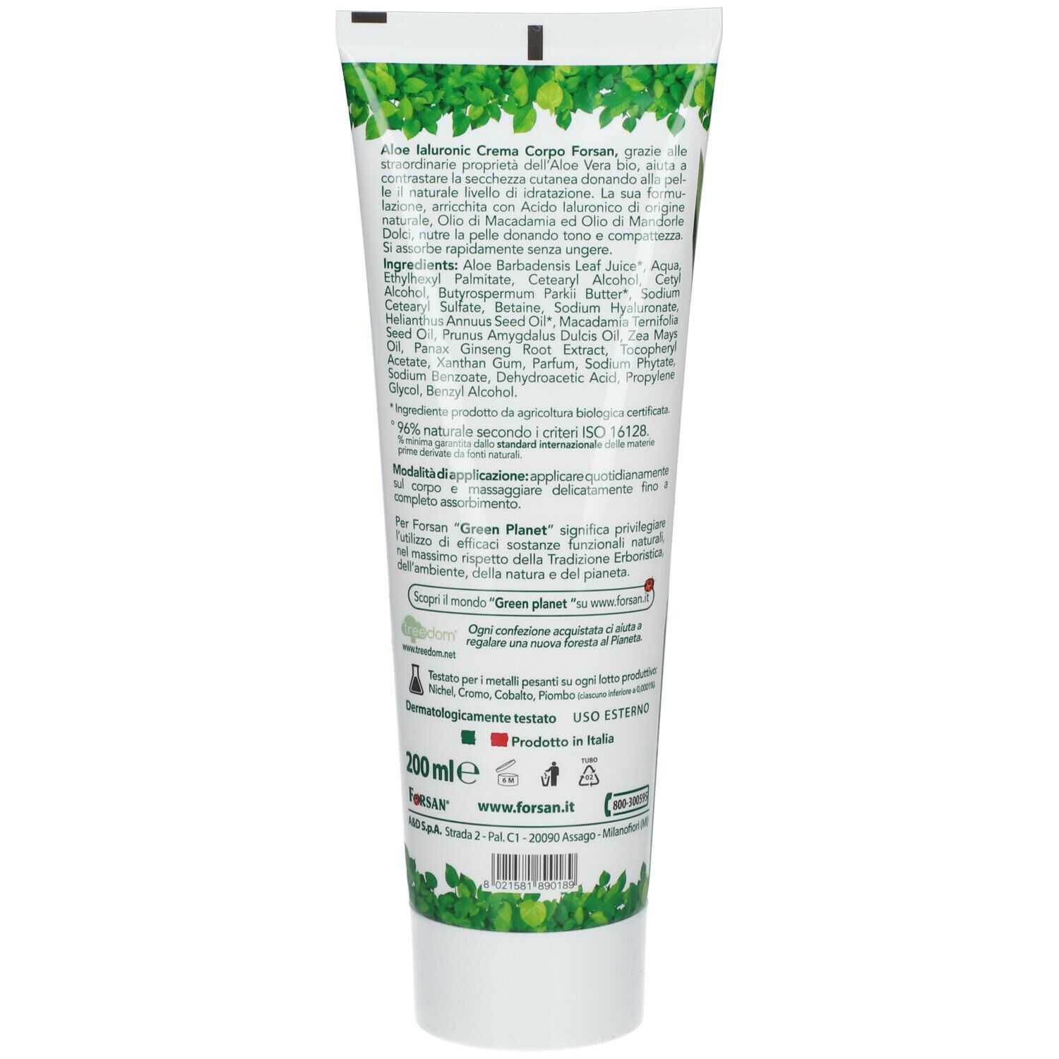 Retro del tubo crema FORSAN® Aloe Ialuronic. Testo e ingredienti. Stampa verde: 200 ml, Green Planet.