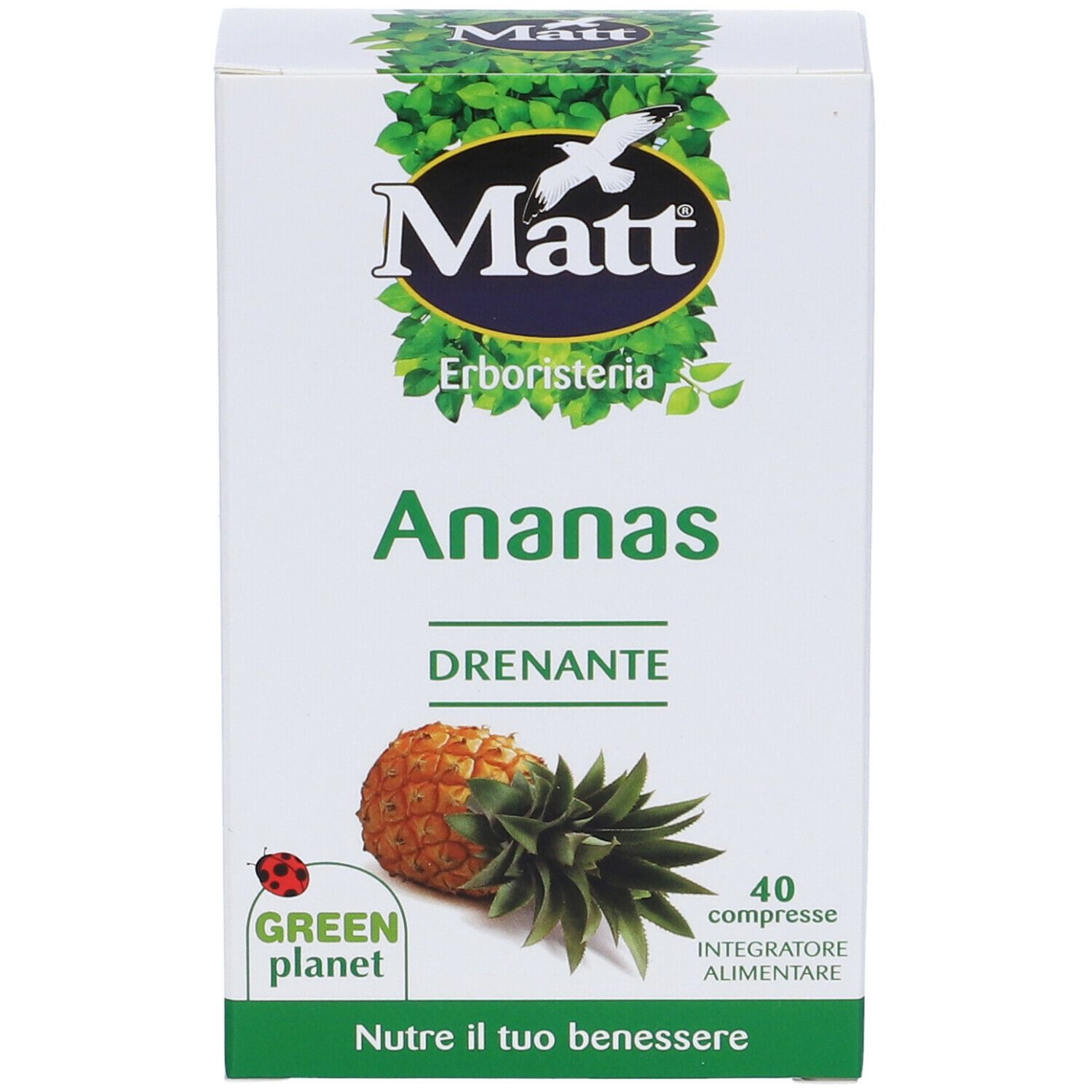 Scatola 'Matt' con 'Ananas Drenante'. Immagine di ananas. Contiene 40 compresse.
