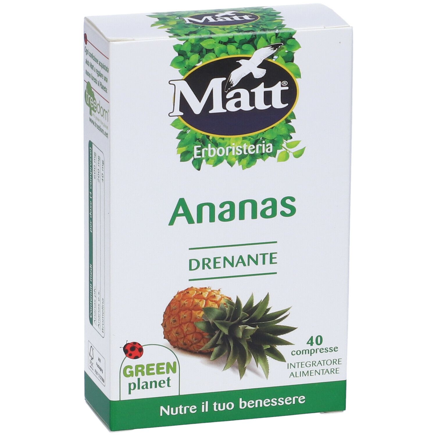 Scatola 'Matt' con 'Ananas Drenante'. Immagine di ananas. Contiene 40 compresse.