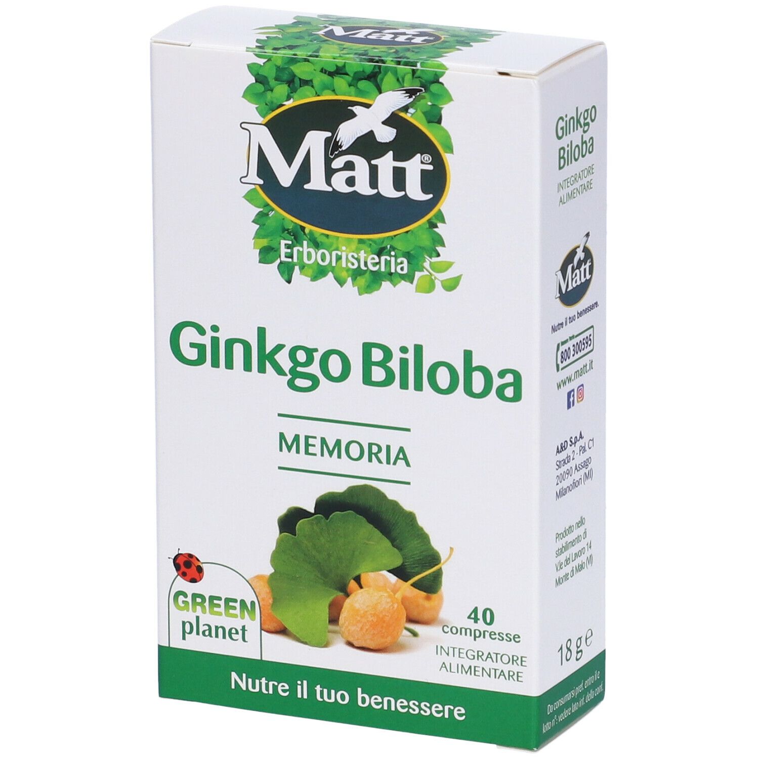Scatola di compresse di Ginkgo Biloba. Scritta: Matt, Ginkgo Biloba, 40 compresse. Design verde e bianco.