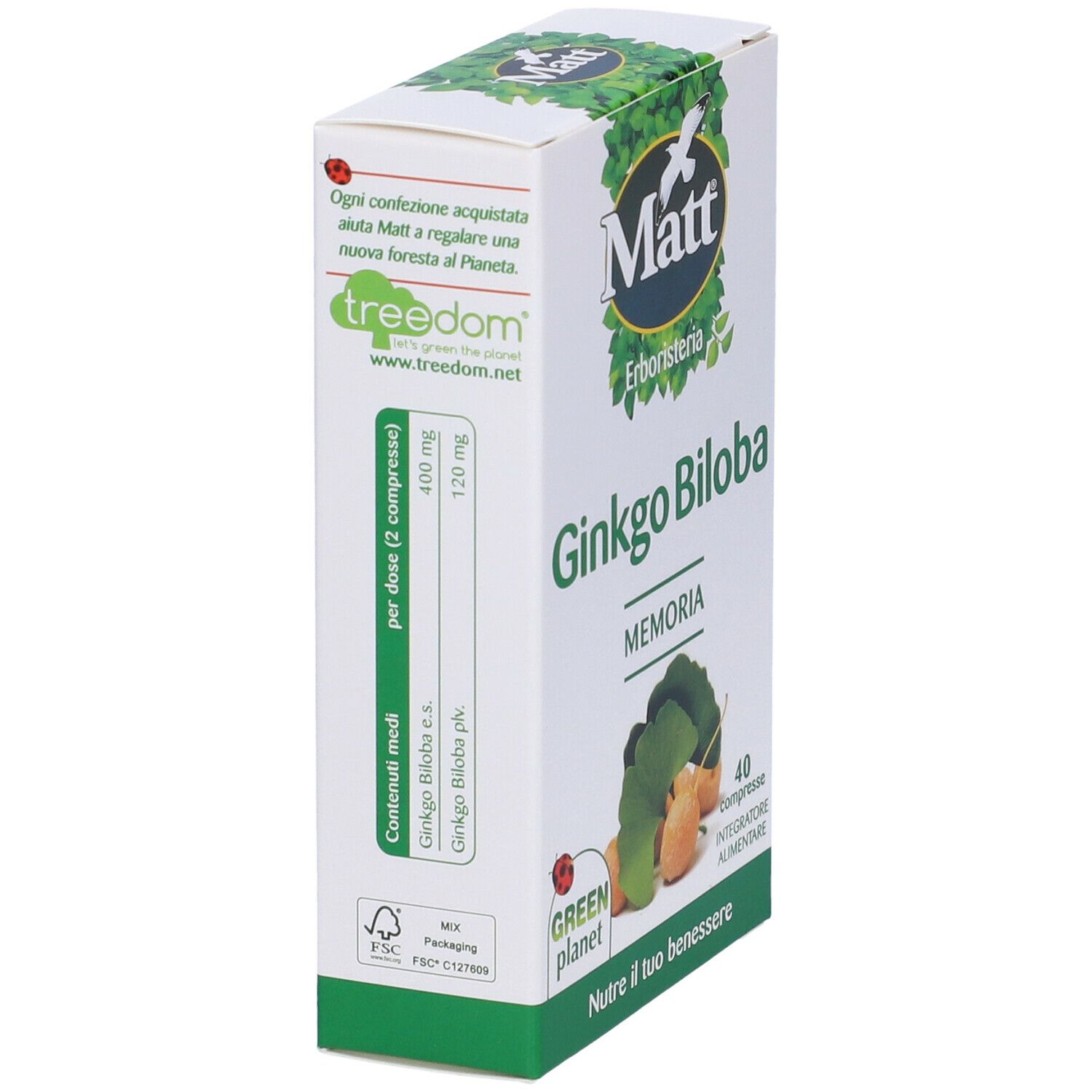 Scatola di compresse di Ginkgo Biloba. Scritta: Matt, Ginkgo Biloba. Contiene informazioni sugli ingredienti e il dosaggio.