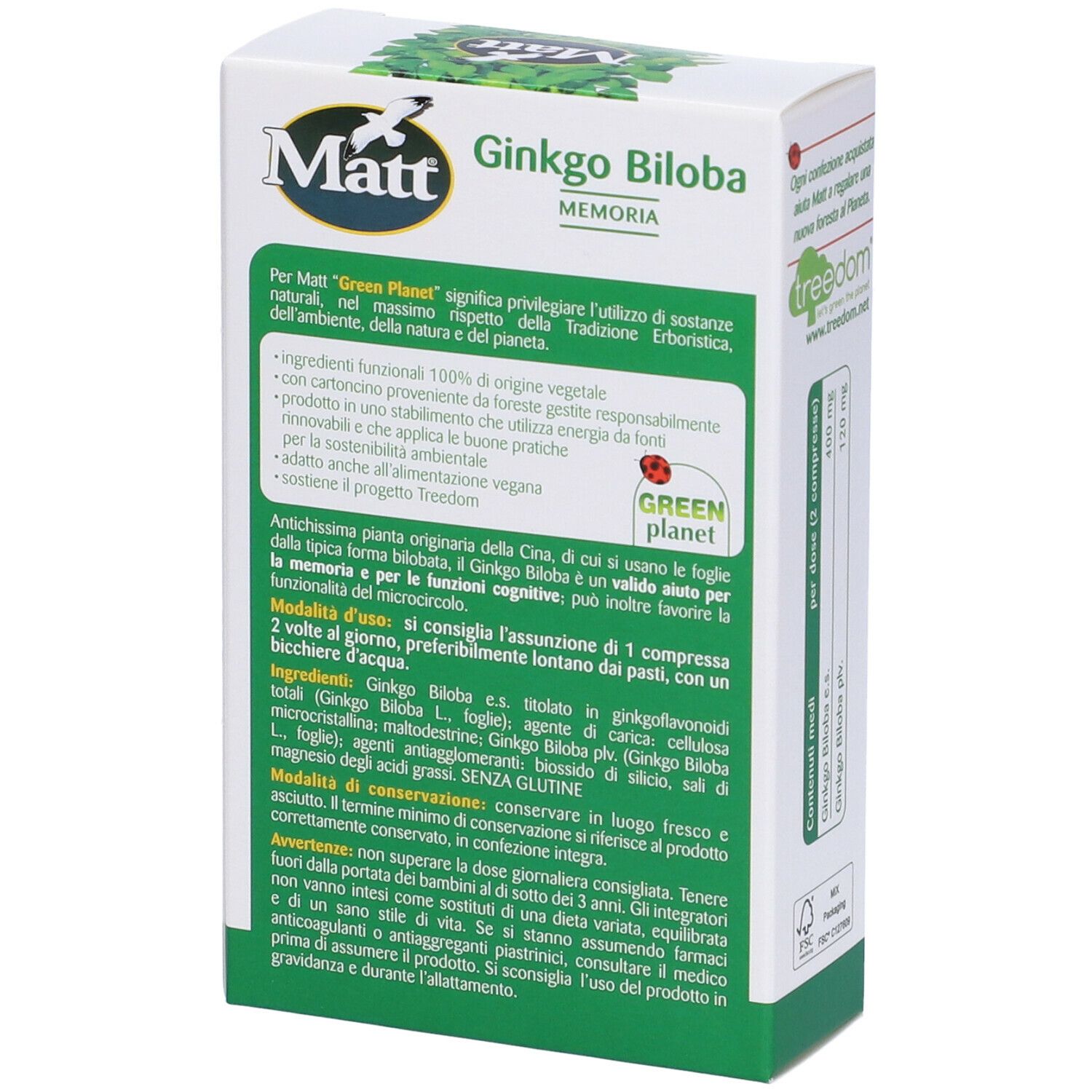 Retro della scatola di compresse di Ginkgo Biloba. Testo su ingredienti, uso e avvertenze. Design verde e bianco.