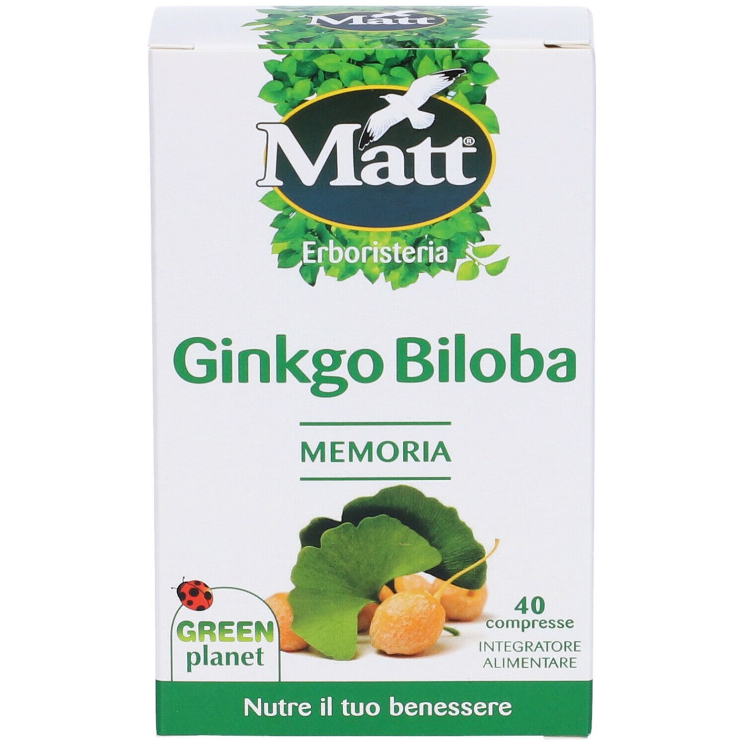 Scatola di compresse di Ginkgo Biloba. Scritta: Matt, Ginkgo Biloba, 40 compresse. Design verde e bianco.