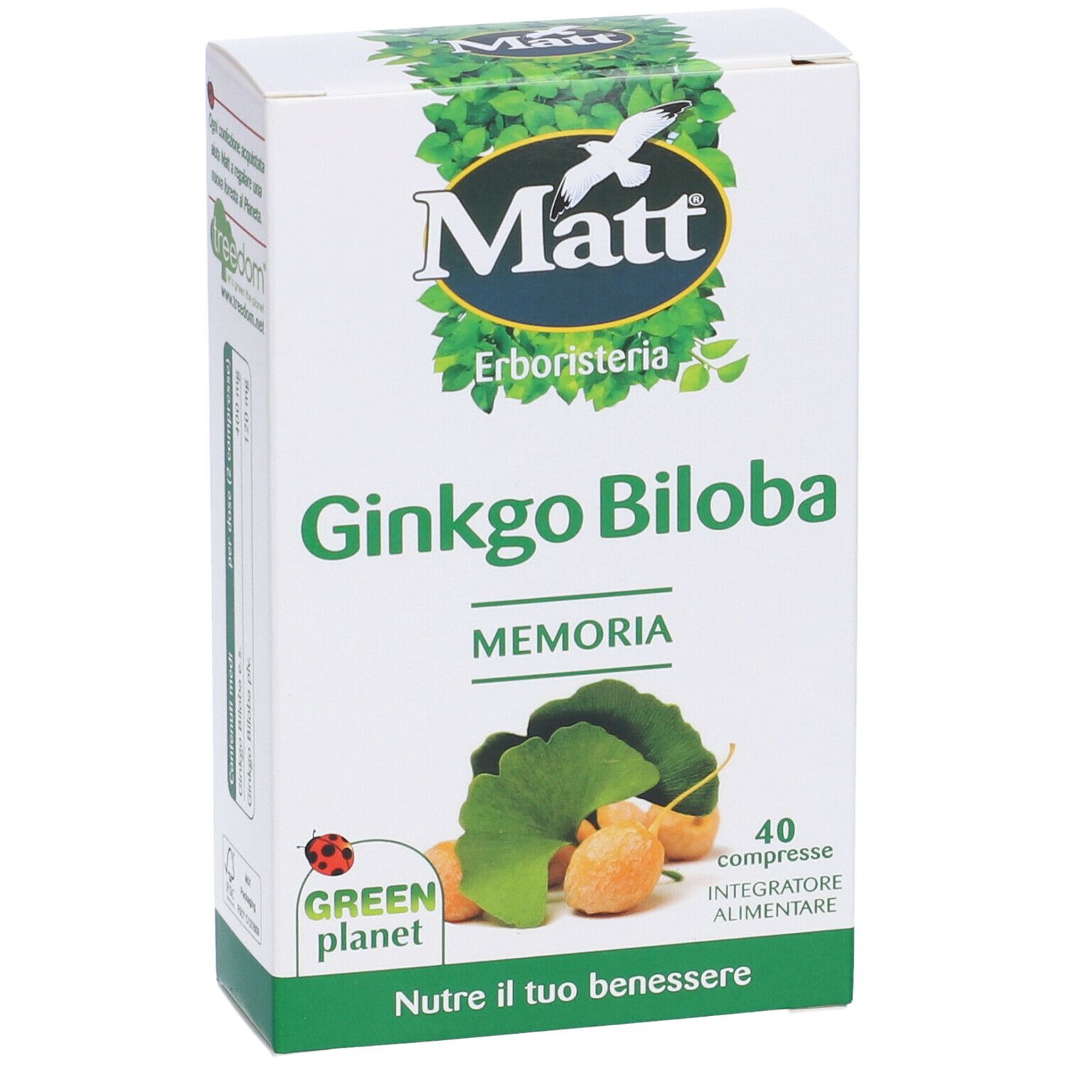 Scatola di compresse di Ginkgo Biloba. Scritta: Matt, Ginkgo Biloba, 40 compresse. Design verde e bianco.