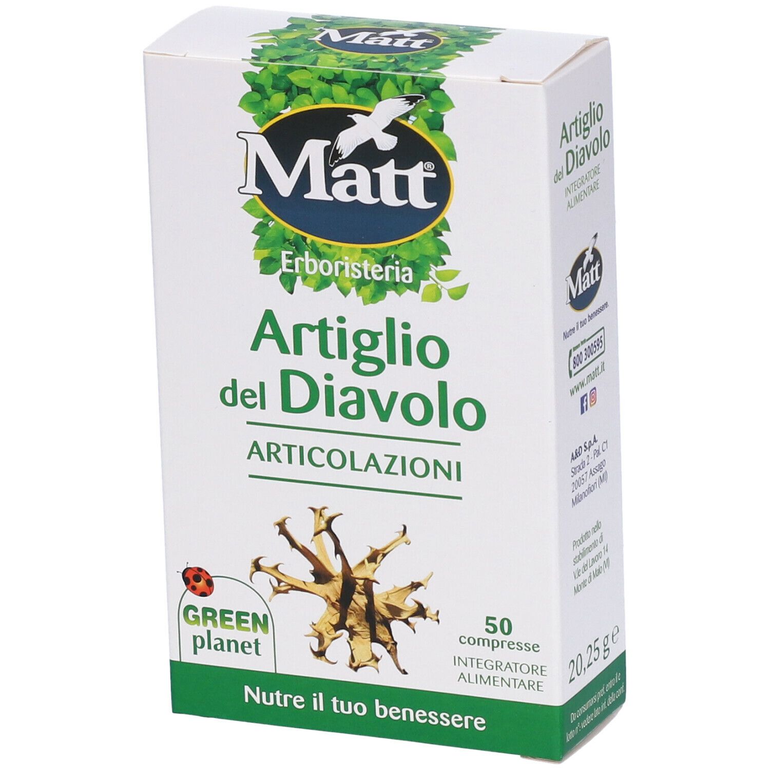 Scatola 'Artiglio del Diavolo' Matt. 50 compresse. Logo 'Green Planet'. Erboristeria.