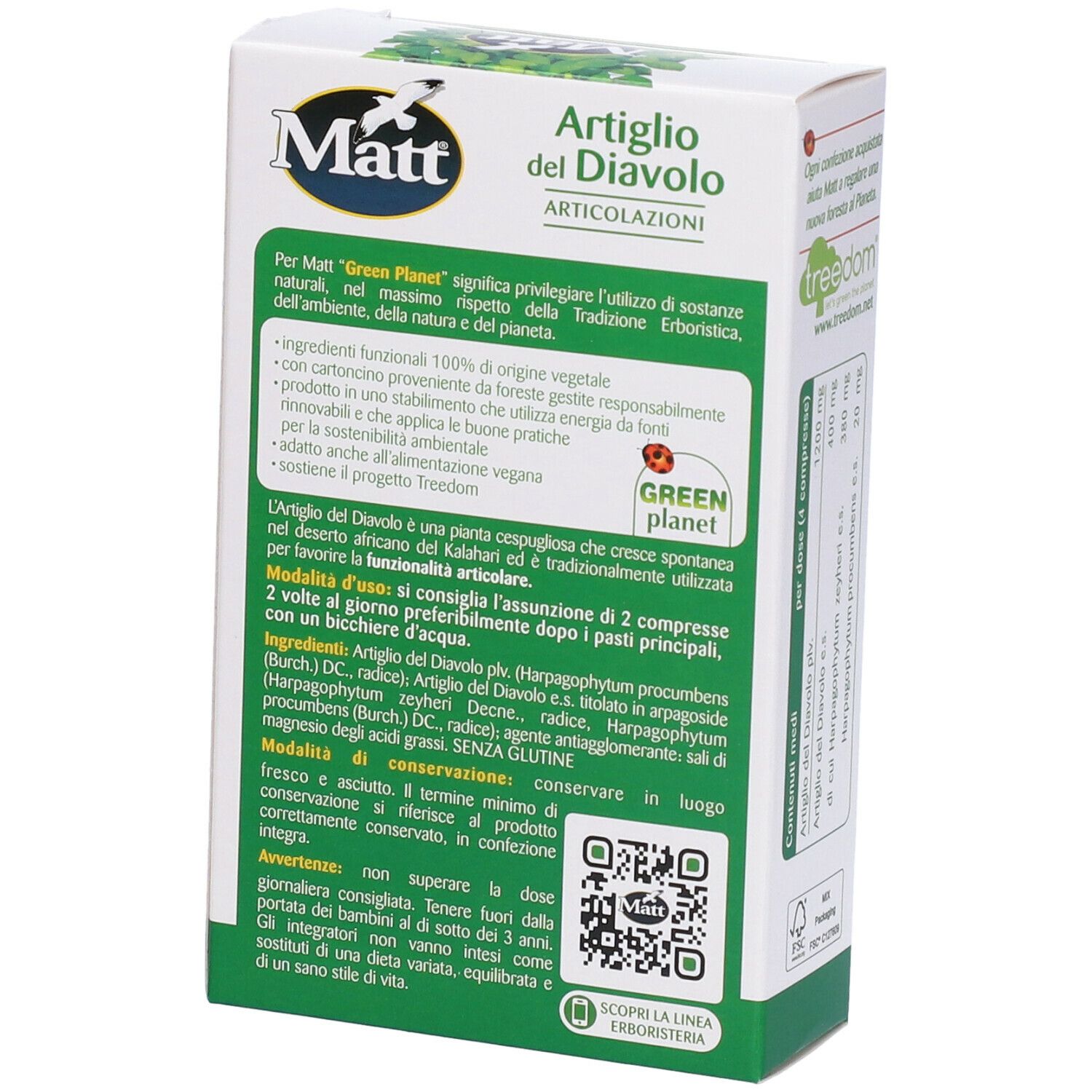 Retro scatola 'Artiglio del Diavolo' Matt. Testo, codice QR, logo 'Green Planet'.