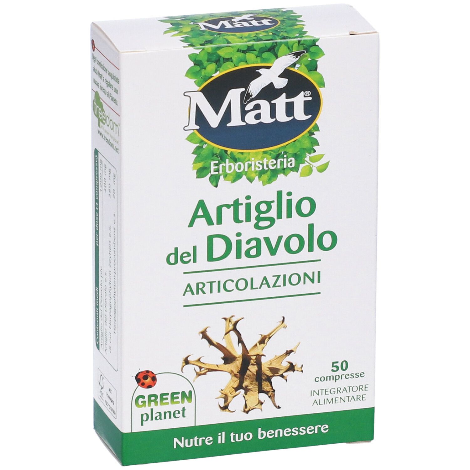 Scatola 'Artiglio del Diavolo' Matt. 50 compresse. Logo 'Green Planet'. Erboristeria.