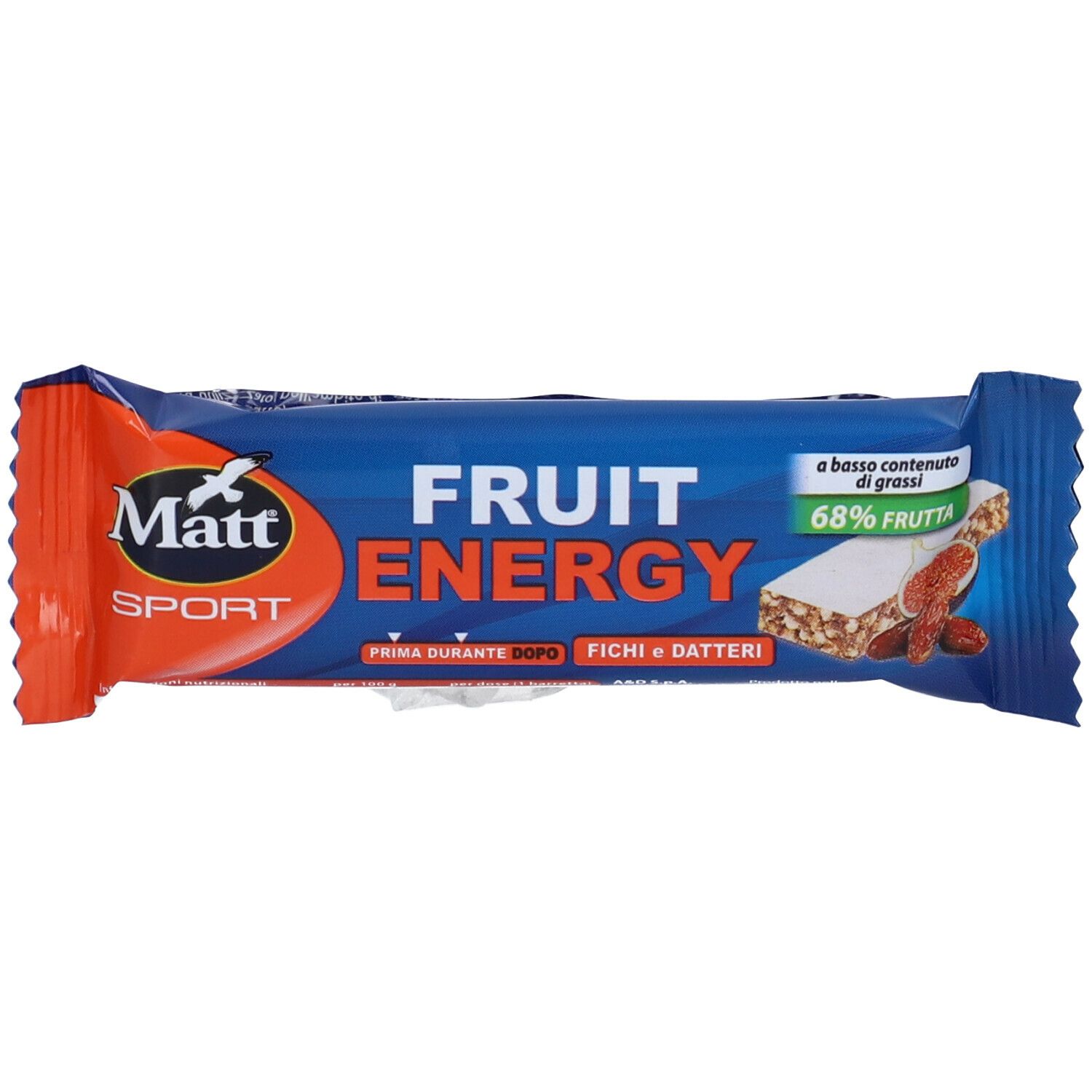 Confezione di MATT Sport Fruit Energy Fichi e Datteri. Confezione blu e arancione con nome del prodotto e immagine della frutta.