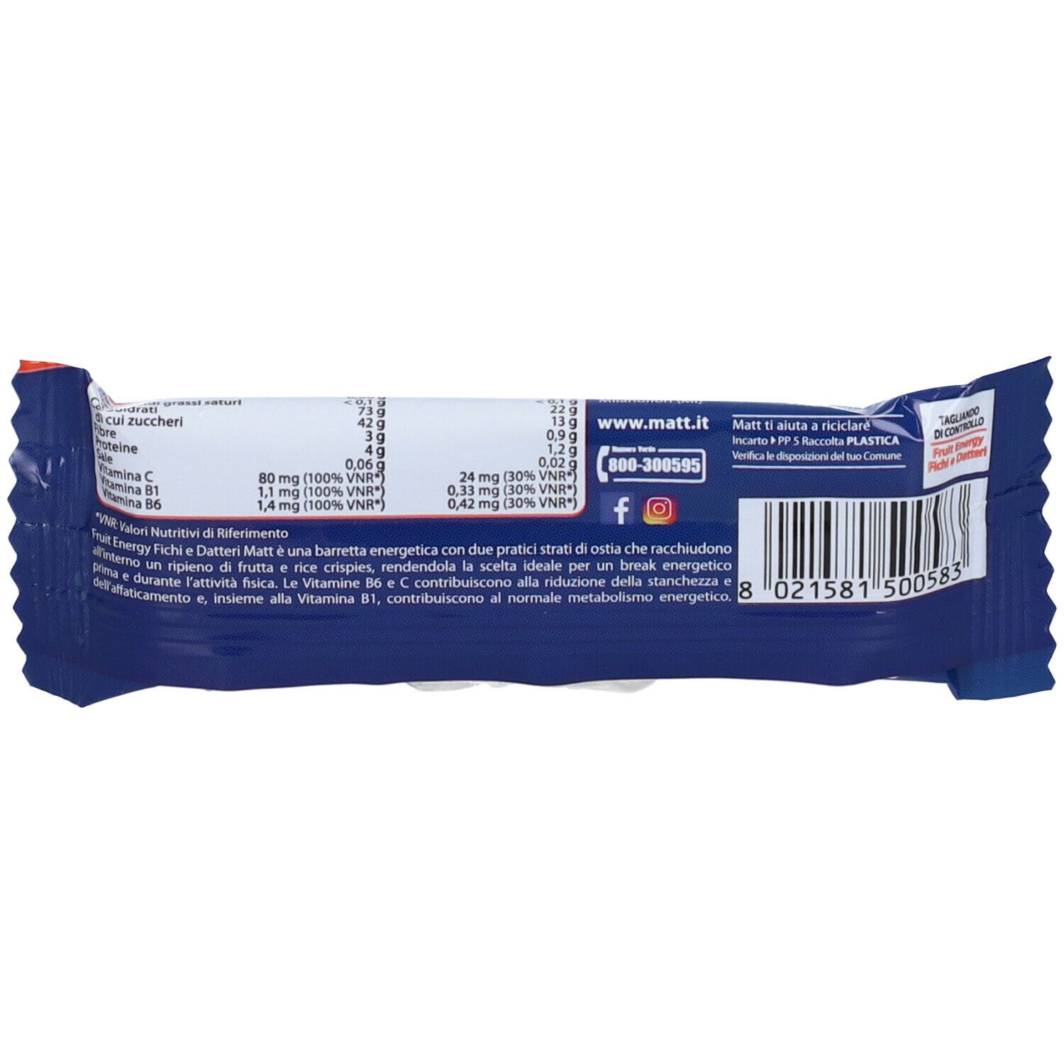 Retro della confezione MATT Sport Fruit Energy Fichi e Datteri. Contiene informazioni nutrizionali, indirizzo web e codice a barre.