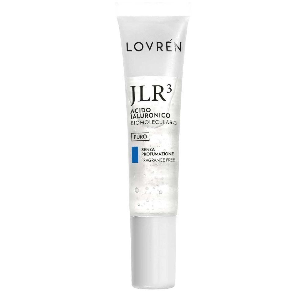 Tubo di crema con tappo bianco. Scritta: Lovren, JLR3 Acido Ialuronico, Biomolekular-3, Puro, Senza Profumazione, Fragrance Free.