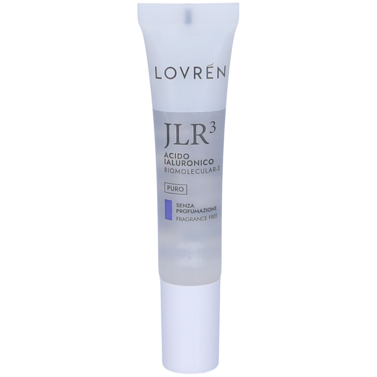 Tubo di crema con tappo bianco. Scritta: Lovren, JLR3 Acido Ialuronico, Biomolekular-3, Puro, Senza Profumazione, Fragrance Free.