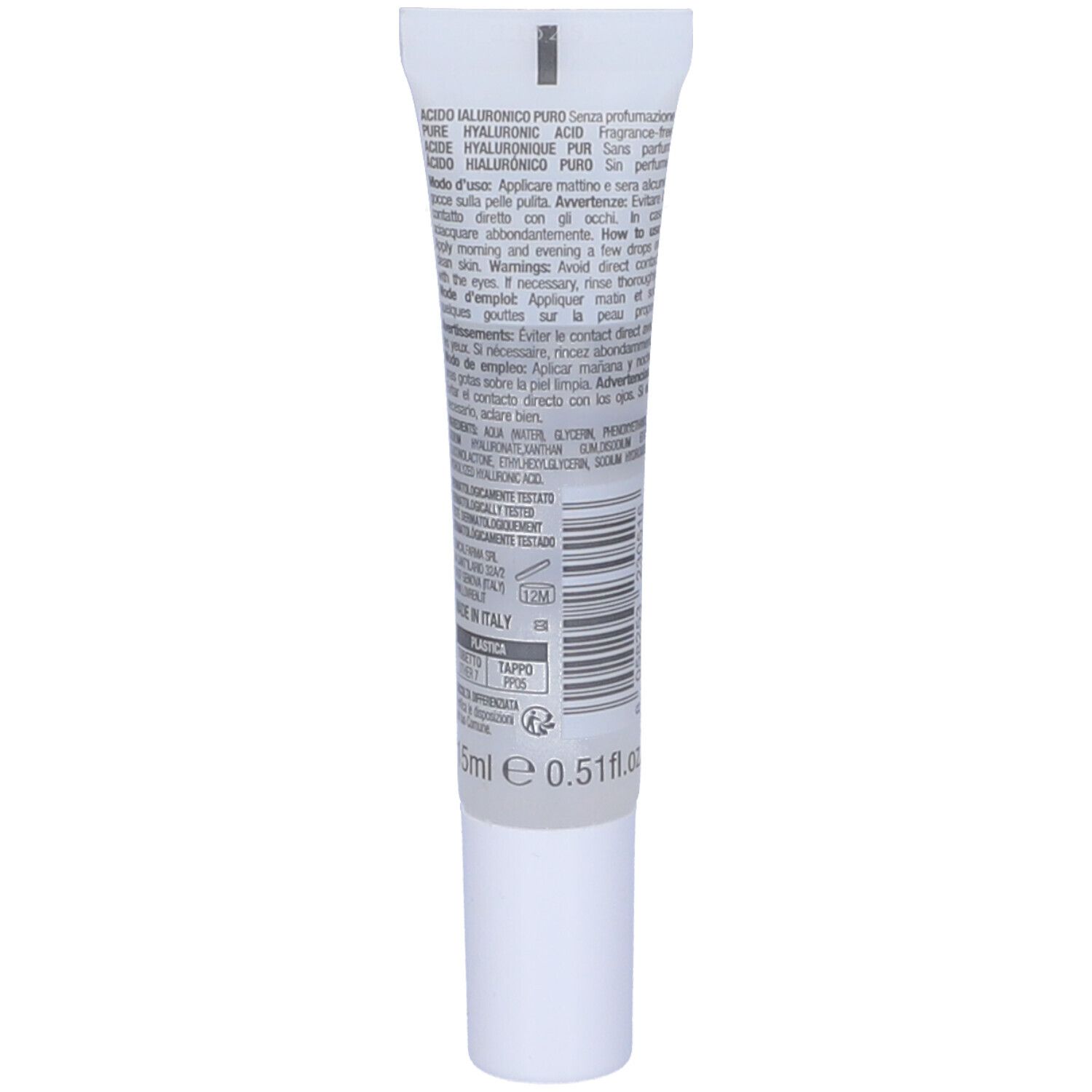 Retro di un tubo di crema con tappo bianco. Testo: Acido Ialuronico Puro, istruzioni per l'uso, ingredienti, 15ml, Made in Italy.