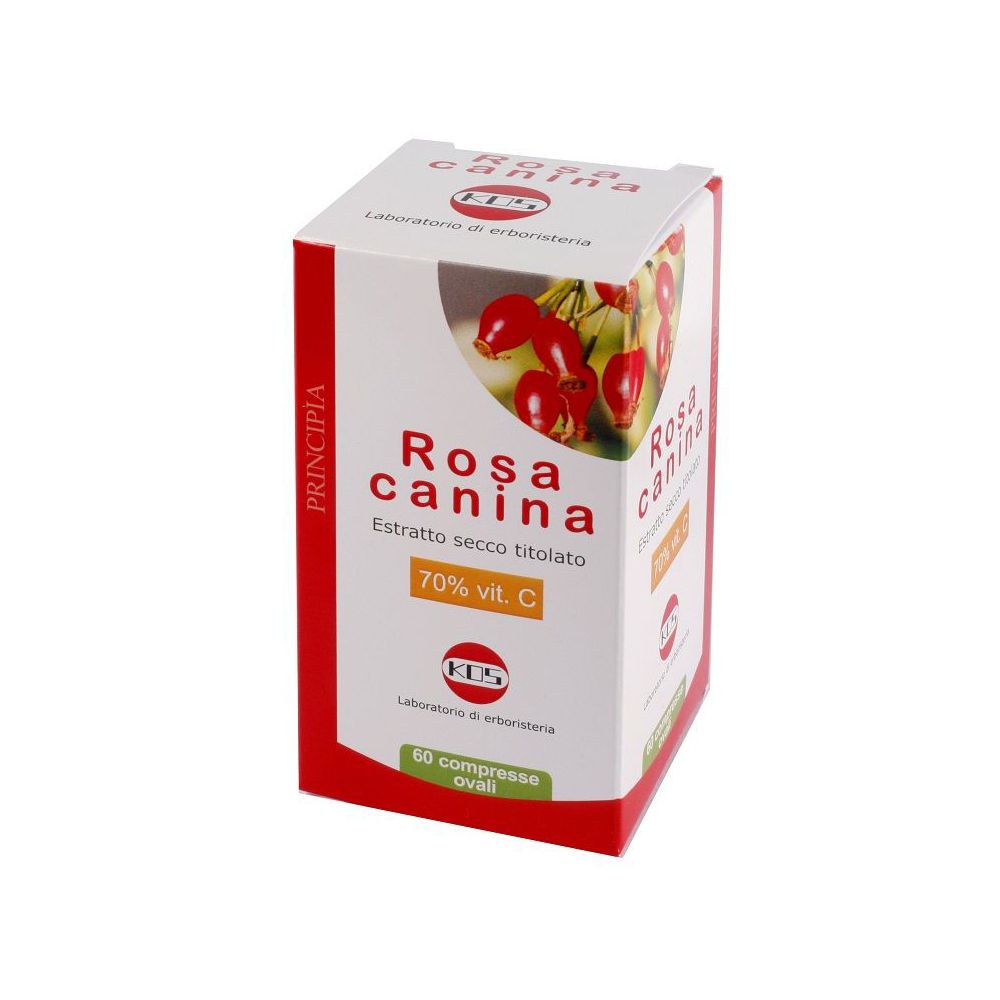 Scatola con stampa del prodotto. Scritta: Rosa Canina, 70% Vit. C, logo KDS. 60 compresse ovali. Confezione rossa e bianca.