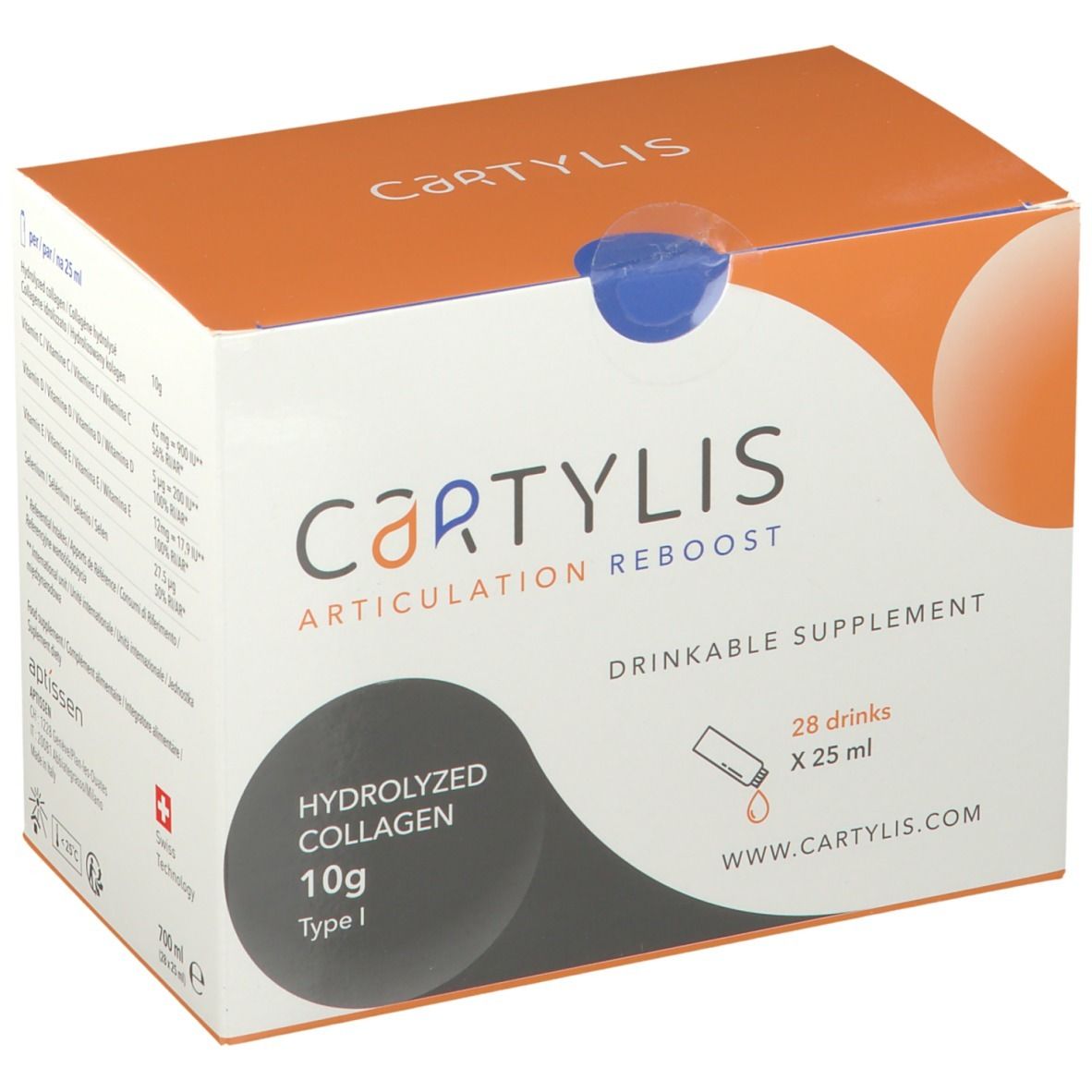 Boîte CARTYLIS, Articulation Reboost. Contient 28 boissons avec collagène hydrolysé. 10g Type I.