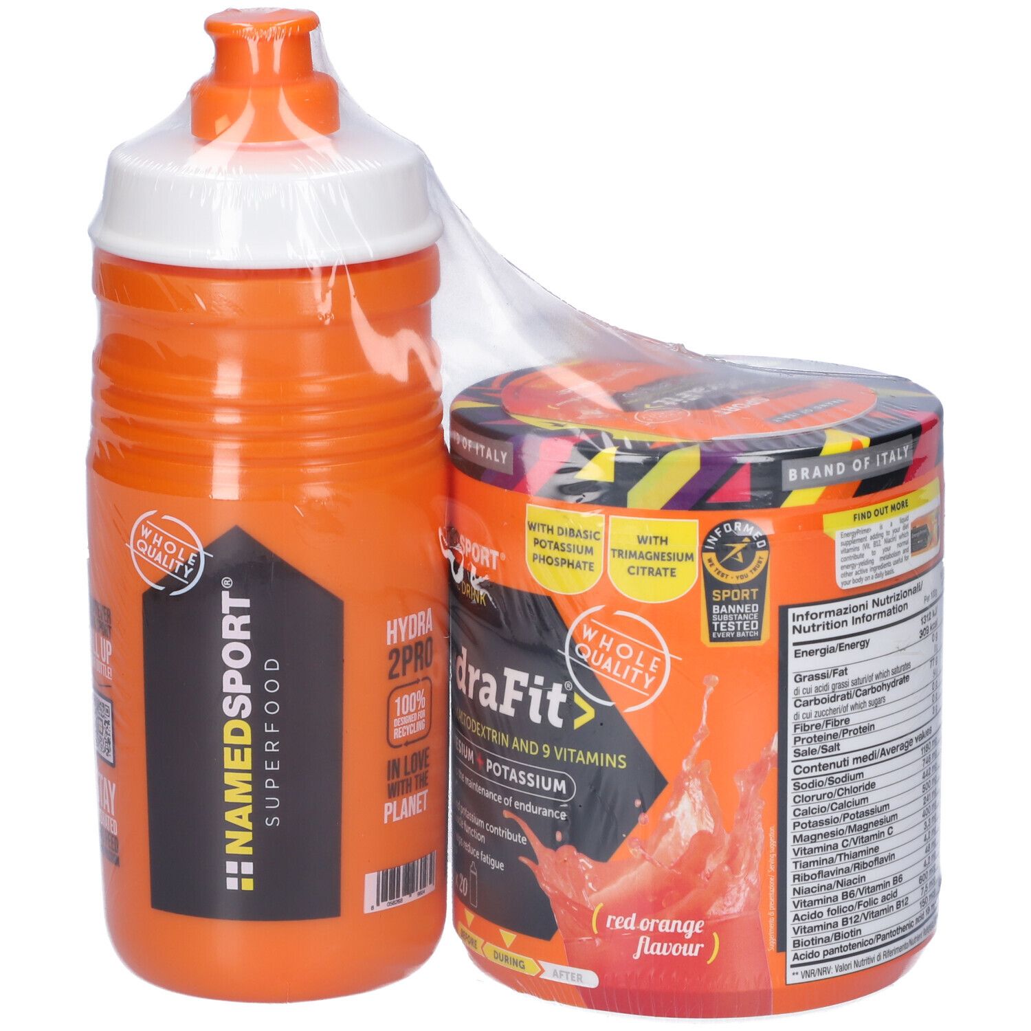 Borraccia e barattolo arancioni NAMEDSPORT® Hydra Fit. Barattolo con etichetta rossa, borraccia con tappo bianco. Confezionato in pellicola.