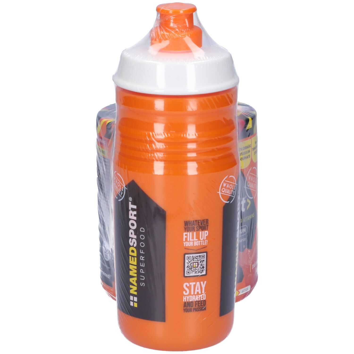 Borraccia arancione NAMEDSPORT® Superfood. Borraccia con tappo bianco. Confezionata in pellicola. Stampa con codice QR e testo.