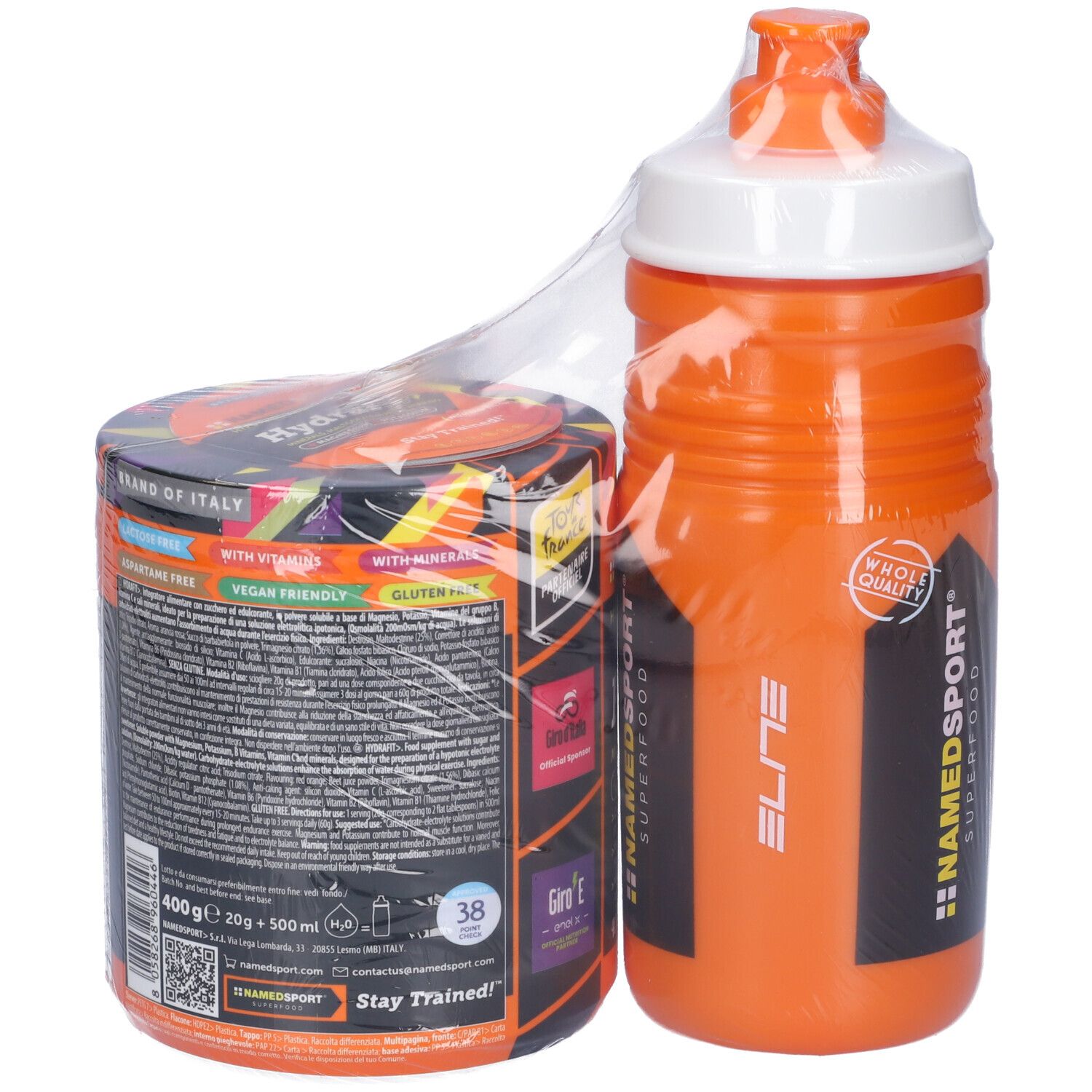 Borraccia e barattolo arancioni NAMEDSPORT® Hydra Fit. Barattolo con etichetta rossa, borraccia con tappo bianco. Confezionato in pellicola. Vegano e senza glutine.