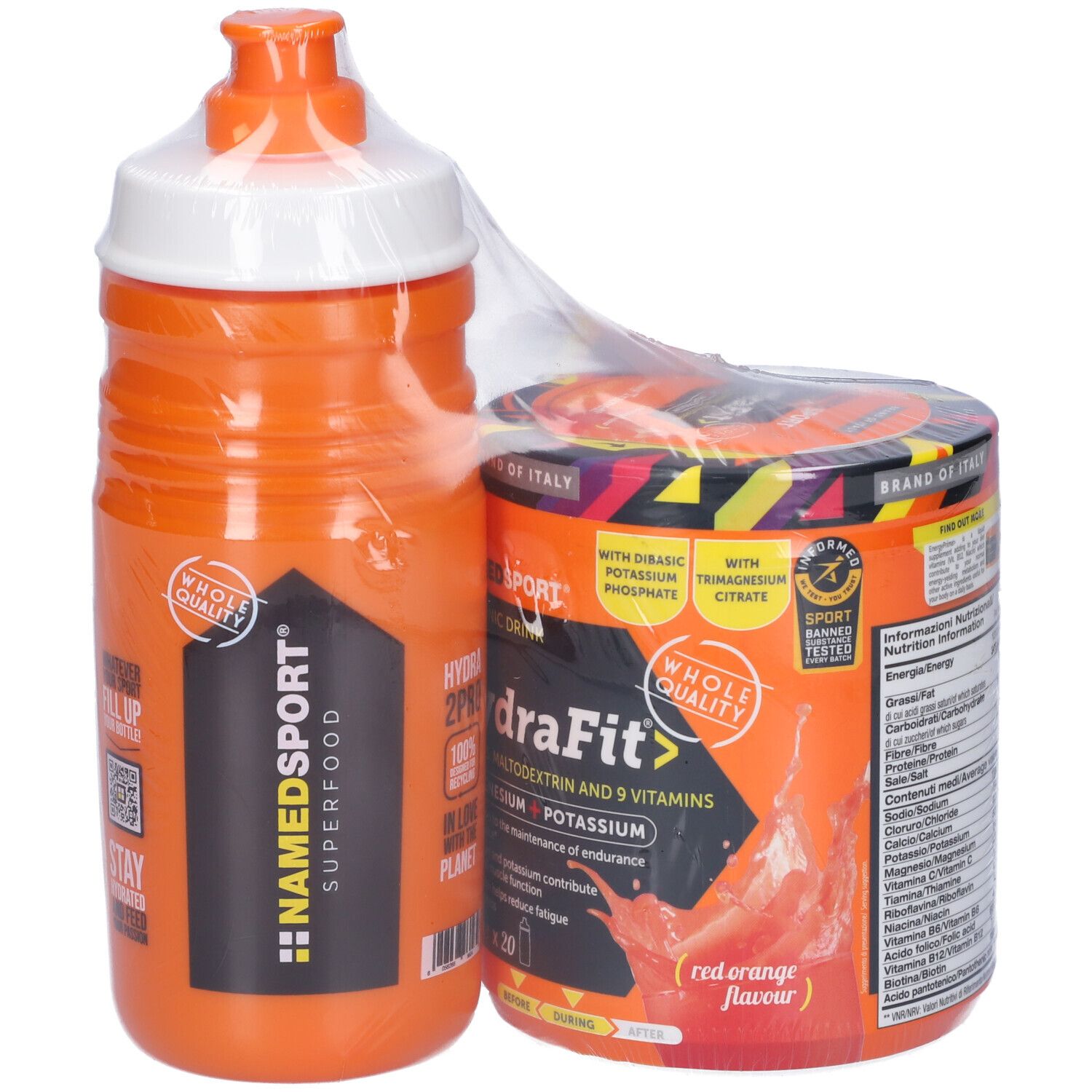 Borraccia e barattolo arancioni NAMEDSPORT® Hydra Fit. Barattolo con etichetta rossa, borraccia con tappo bianco. Confezionato in pellicola. Con vitamine.
