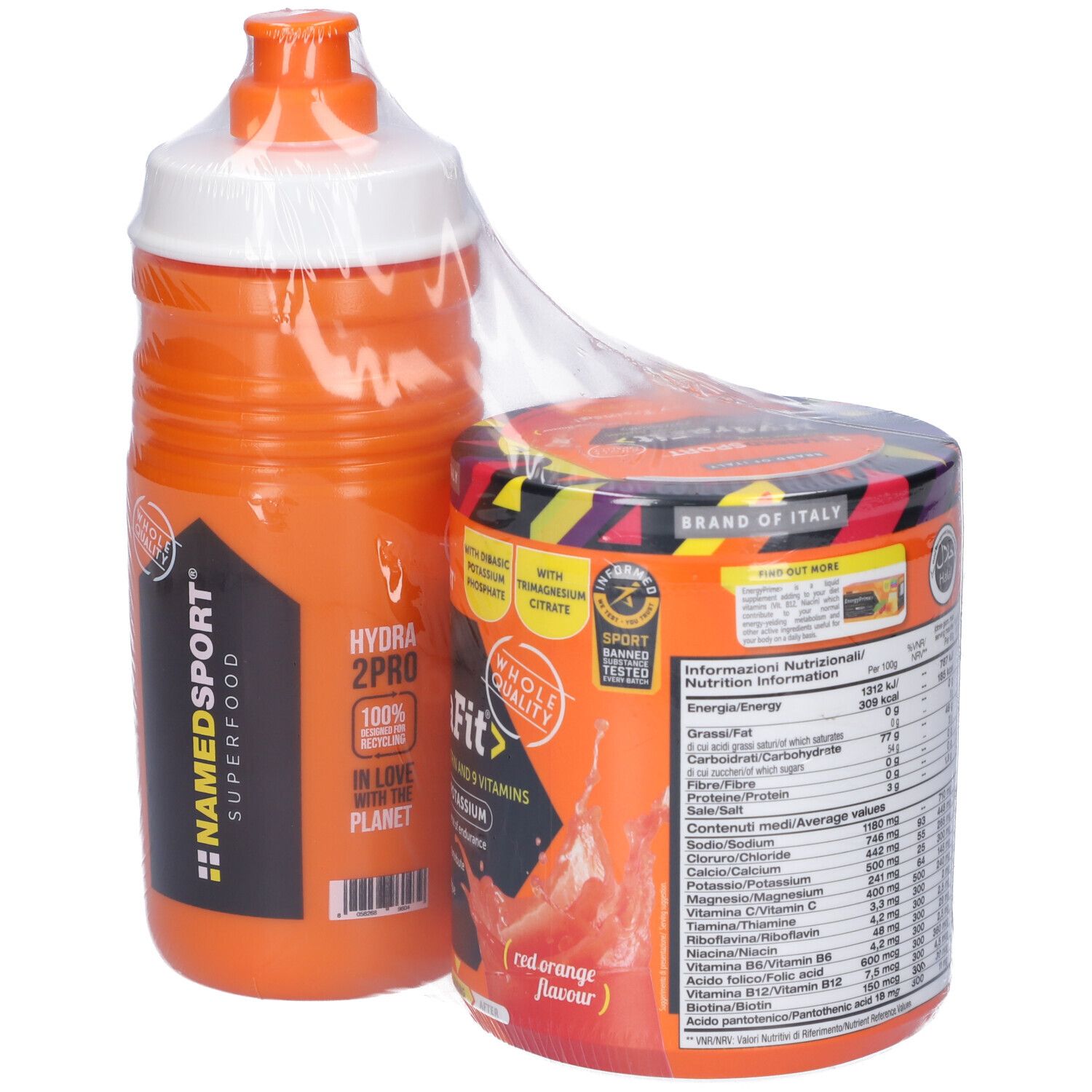 Borraccia e barattolo arancioni NAMEDSPORT® Hydra Fit. Barattolo con etichetta rossa, borraccia con tappo bianco. Confezionato in pellicola. Informazioni nutrizionali.
