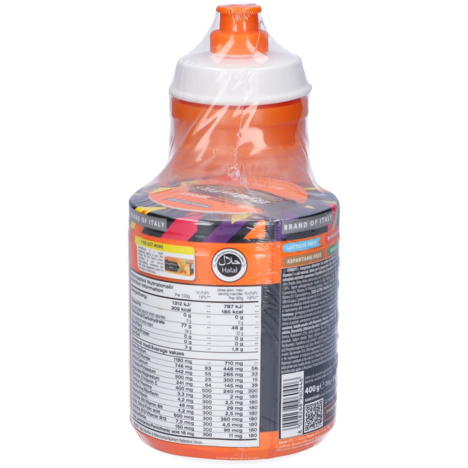 Borraccia e barattolo arancioni NAMEDSPORT® Hydra Fit. Barattolo con etichetta rossa, borraccia con tappo bianco. Confezionato in pellicola. Con certificazione Halal.