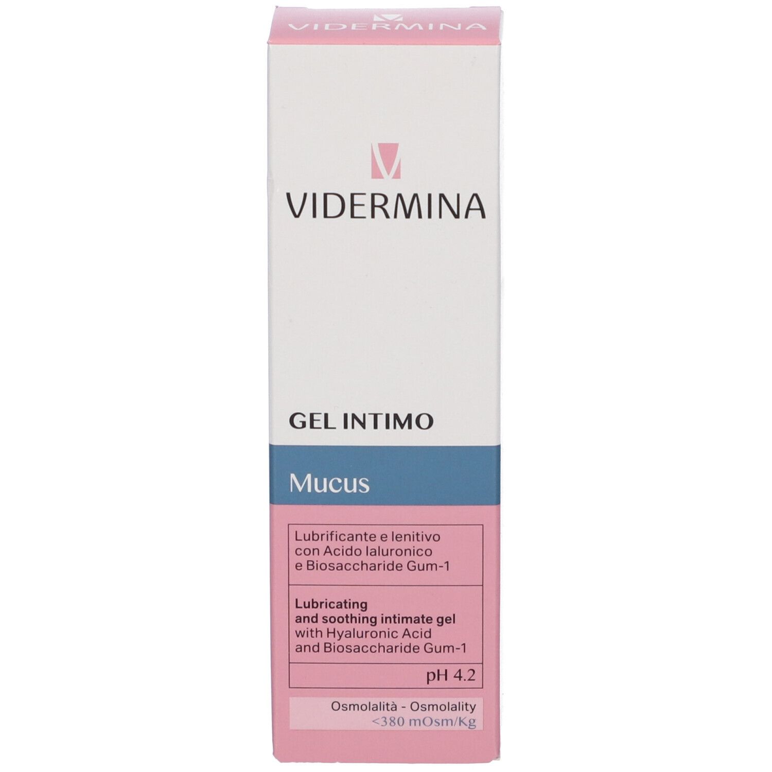 Faltbare Verpackung für Vidermina Gel Intimo Mucus mit Produktnamen und Details.