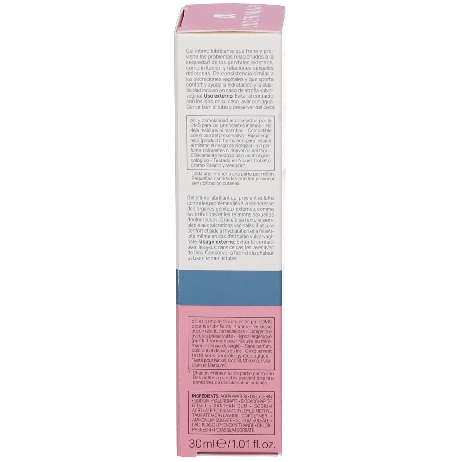 Seite der Vidermina Gel Intimo Mucus Faltschachtel mit detaillierten Produktinformationen und Inhaltsstoffen.