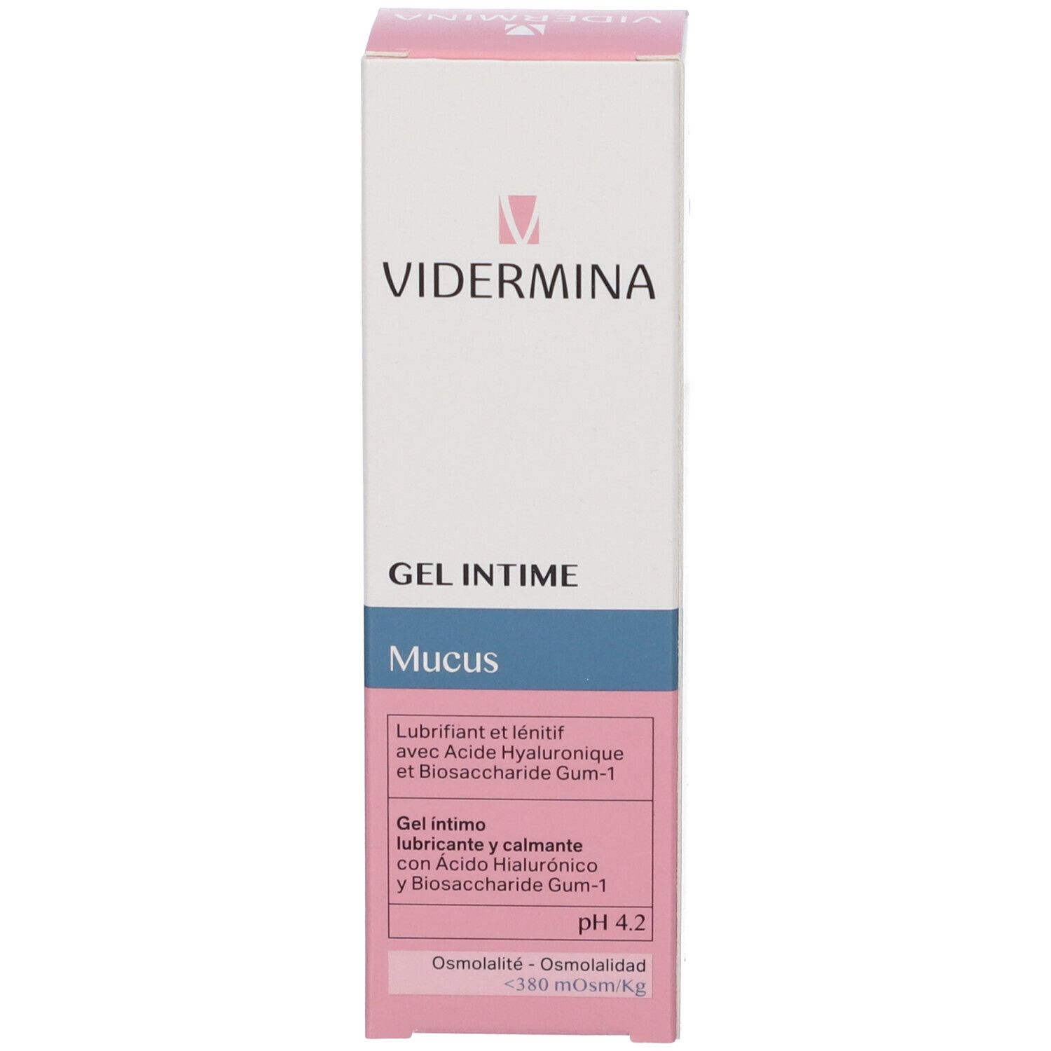 Vidermina Gel Intimo Mucus Tube und Faltschachtel, Vorderseite mit Produktnamen und pH 4.2.