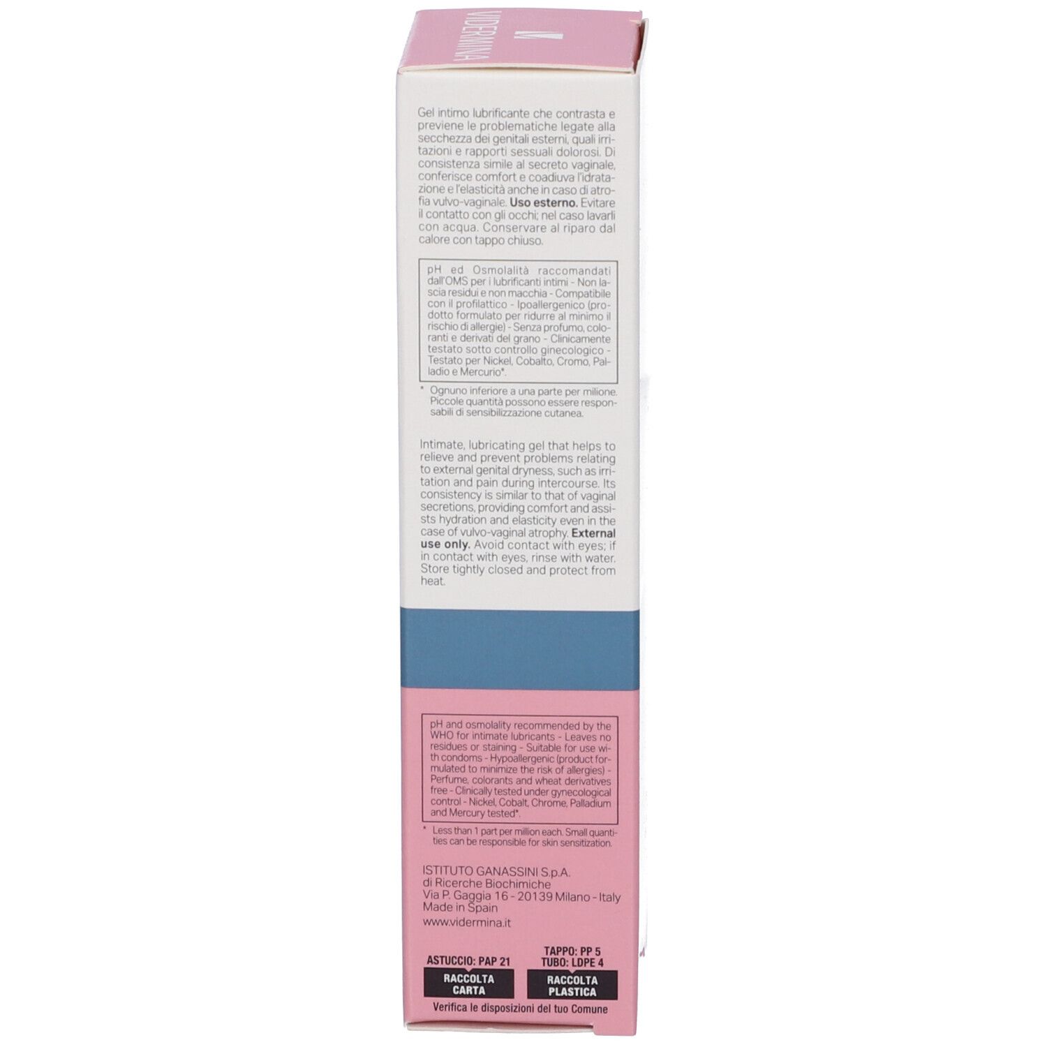 Seite der Vidermina Gel Intimo Mucus Faltschachtel mit Anwendungshinweisen und Inhaltsstoffen.